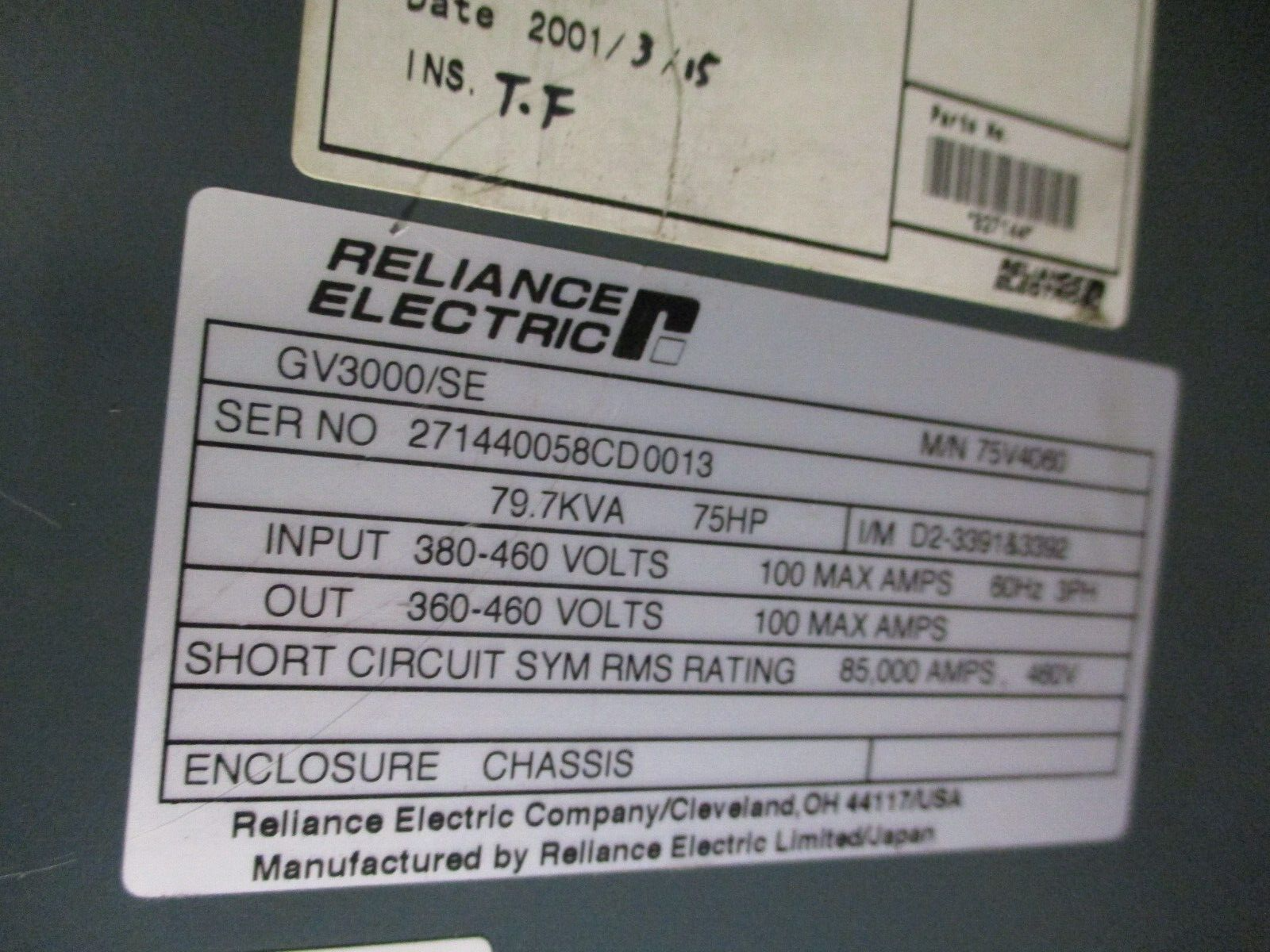 Reliance Electric VTAC7 GV3000/SE AC Drive 75V4060 75HP 3Ph Used