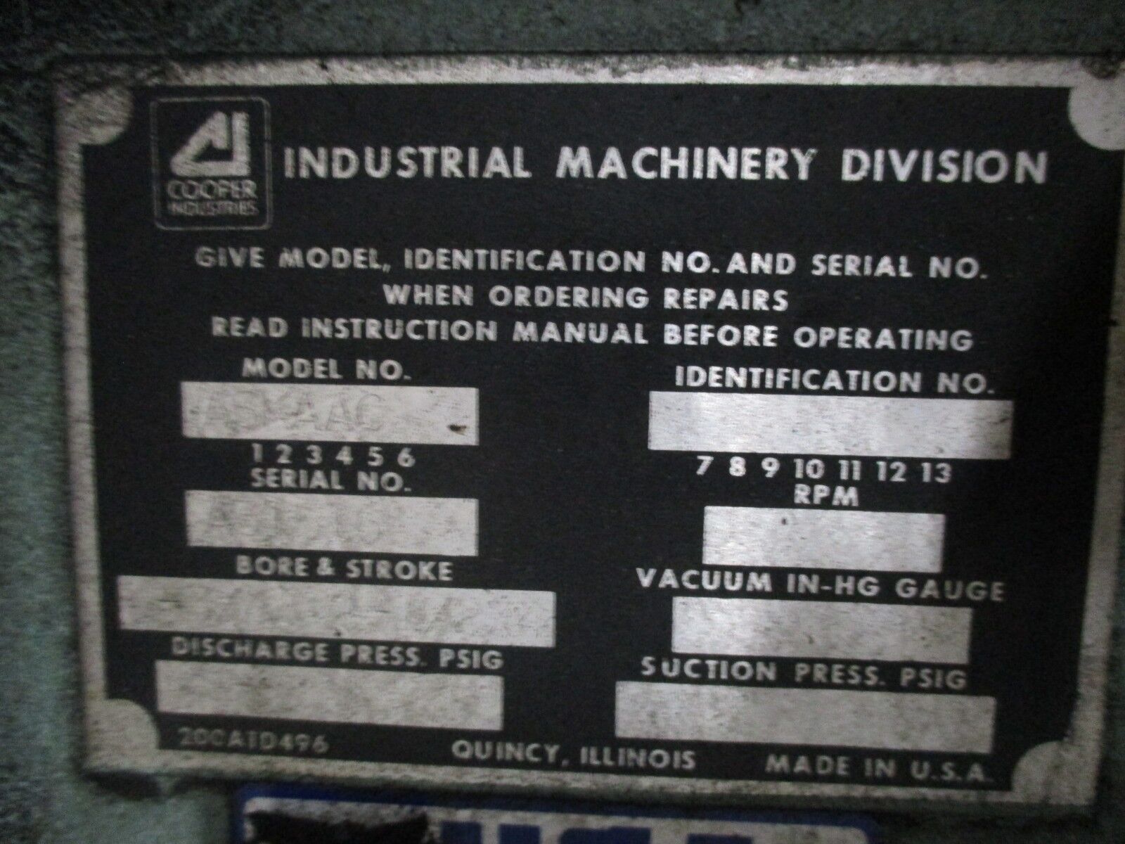 Cooper Industries Compressor ASKAAC 7.5HP 80 W.C. Tank Used