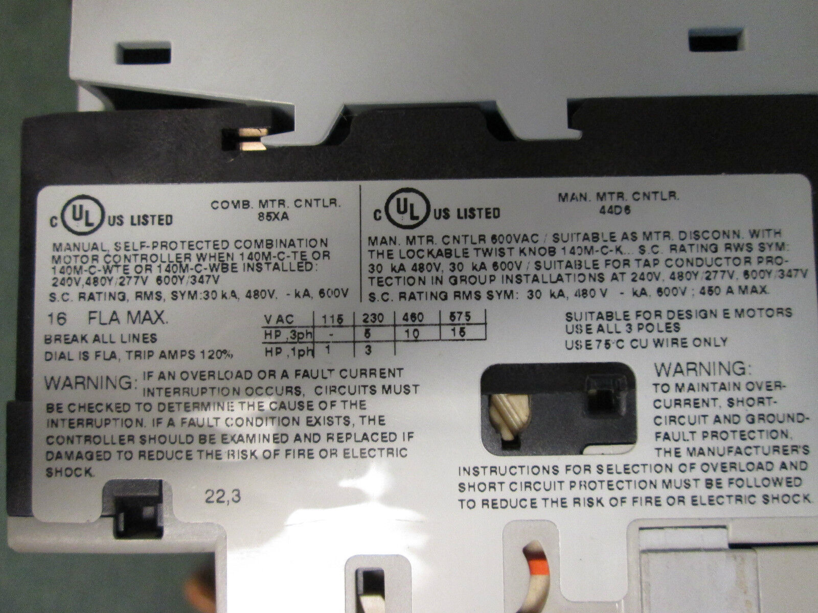 Allen-Bradley MCS Compact Starter 190S-CNDJ2-CC16C 24VDC Coil 10-16A Trip Used