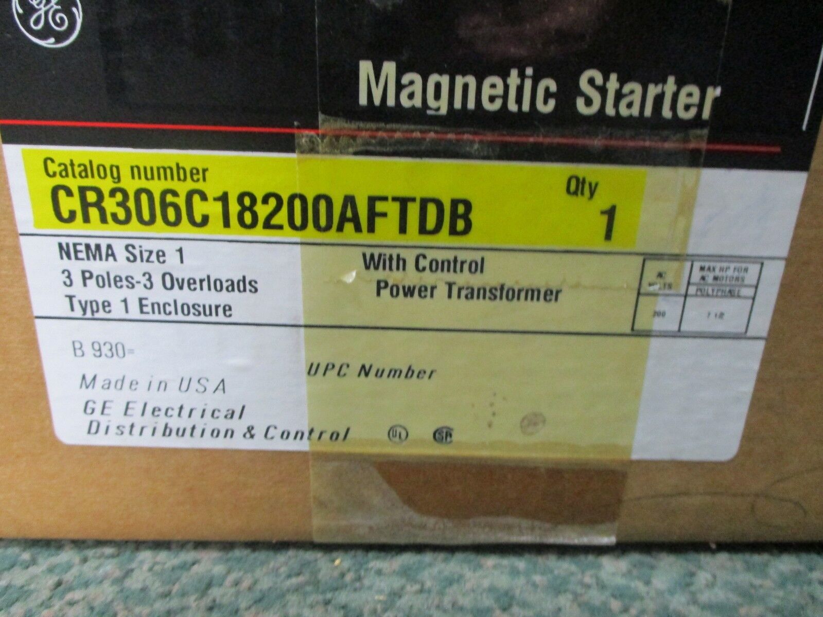 GE Size 1 Starter CR306C18200AFTDB 120V Coil 27A 600V Type 1 Enclosure