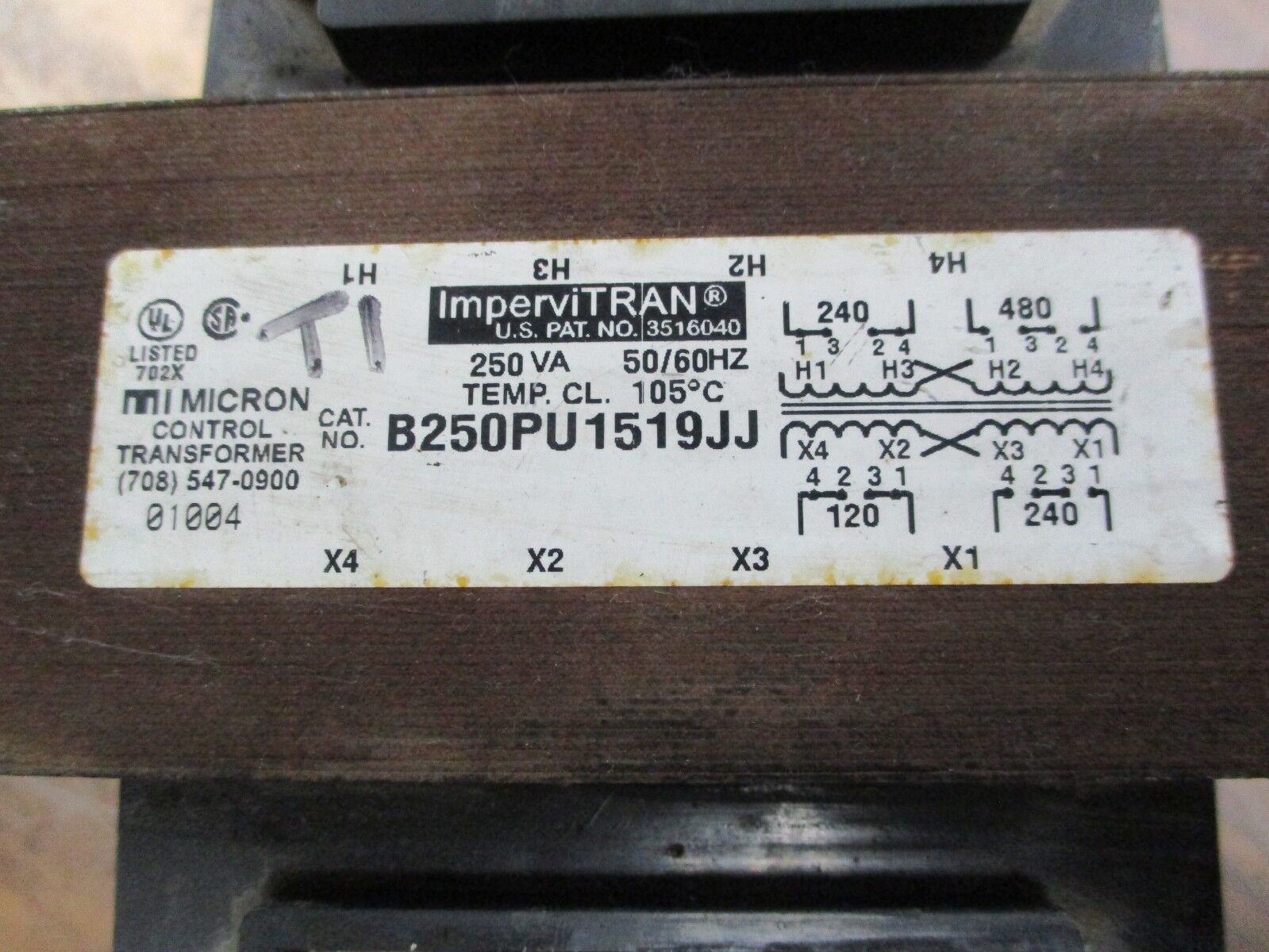 Micron ImperviTRAN Control Transformer B250PU1519JJ 250VA Pri: 240/480V 50/60Hz