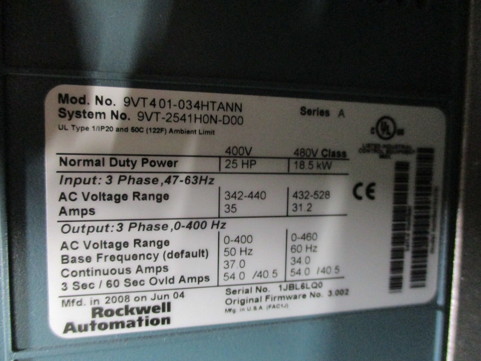 Rockwell Automation VTAC 9 AC Drive w/ Bypass 9VT-2541H0N-D00 25HP 3Ph Used