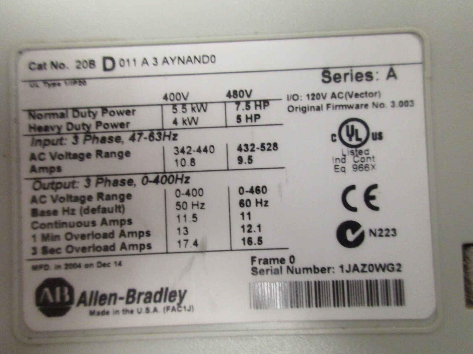 Allen-Bradley PowerFlex 700 AC Drive 20BD011A3AYNAND0 5HP Used