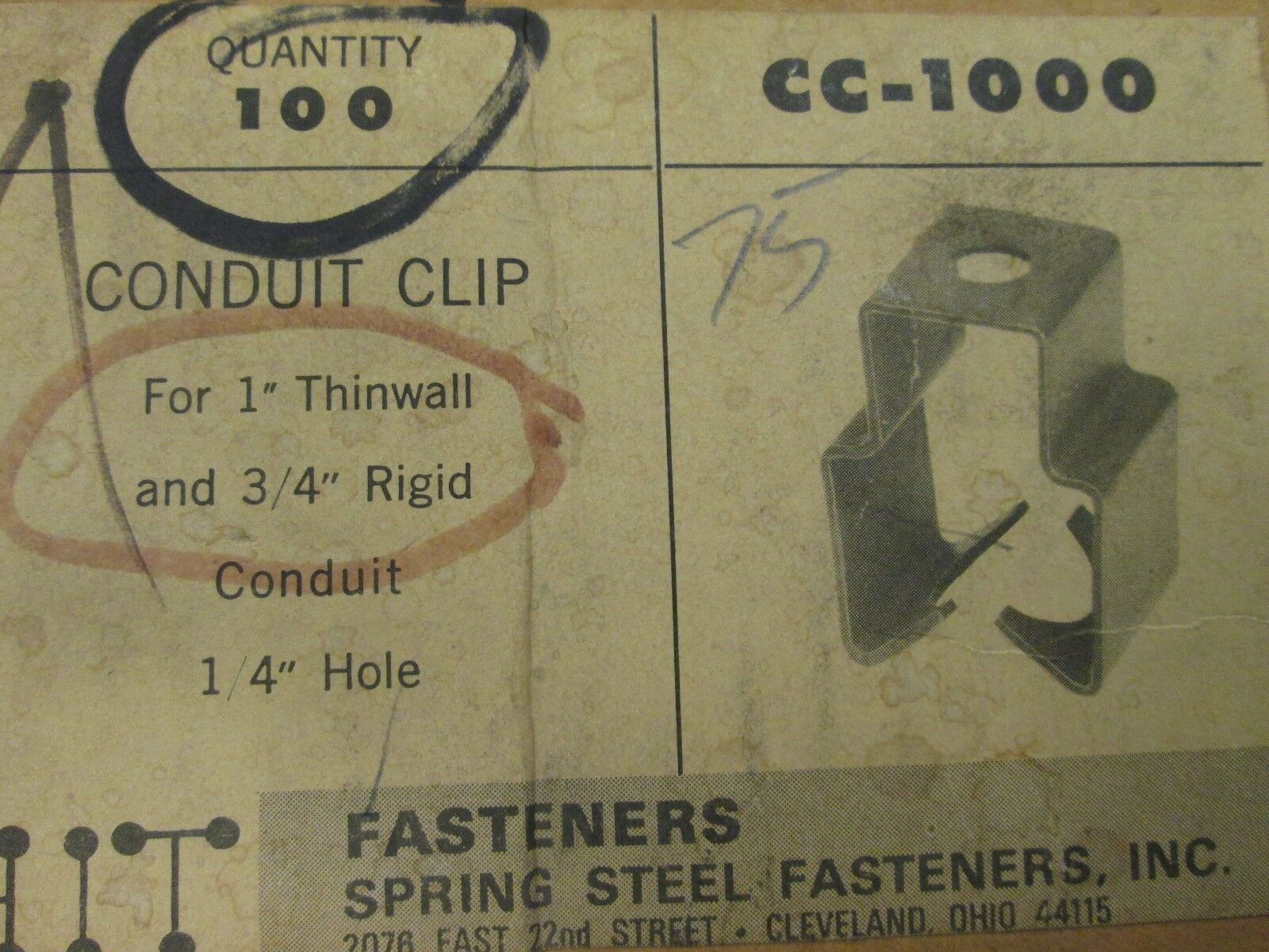 Fasteners Conduit Clip CC-1000 *Box of 80* 3/4" Conduit 1" Thinwall New Surplus