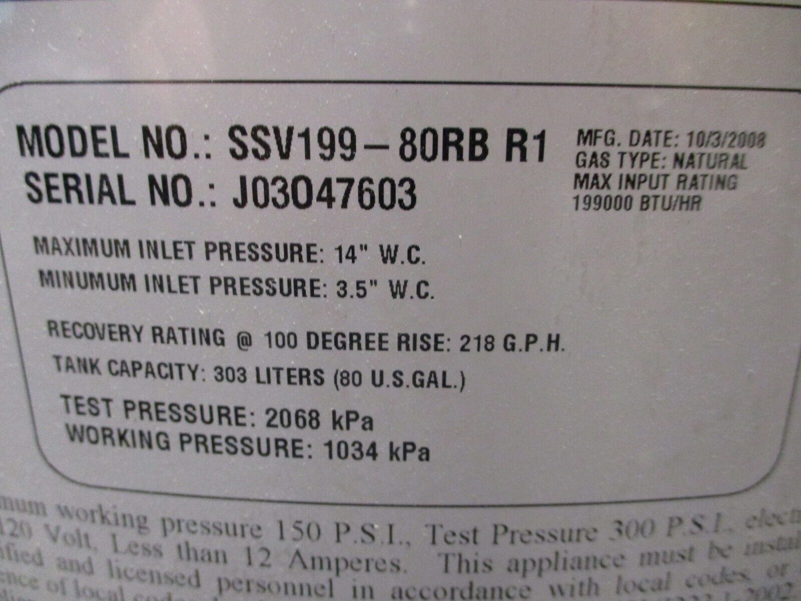 HTP Voyager Water Heater SSV199-80RB R1 80-Gallon 199,000 BTU MFD: 2008 Used