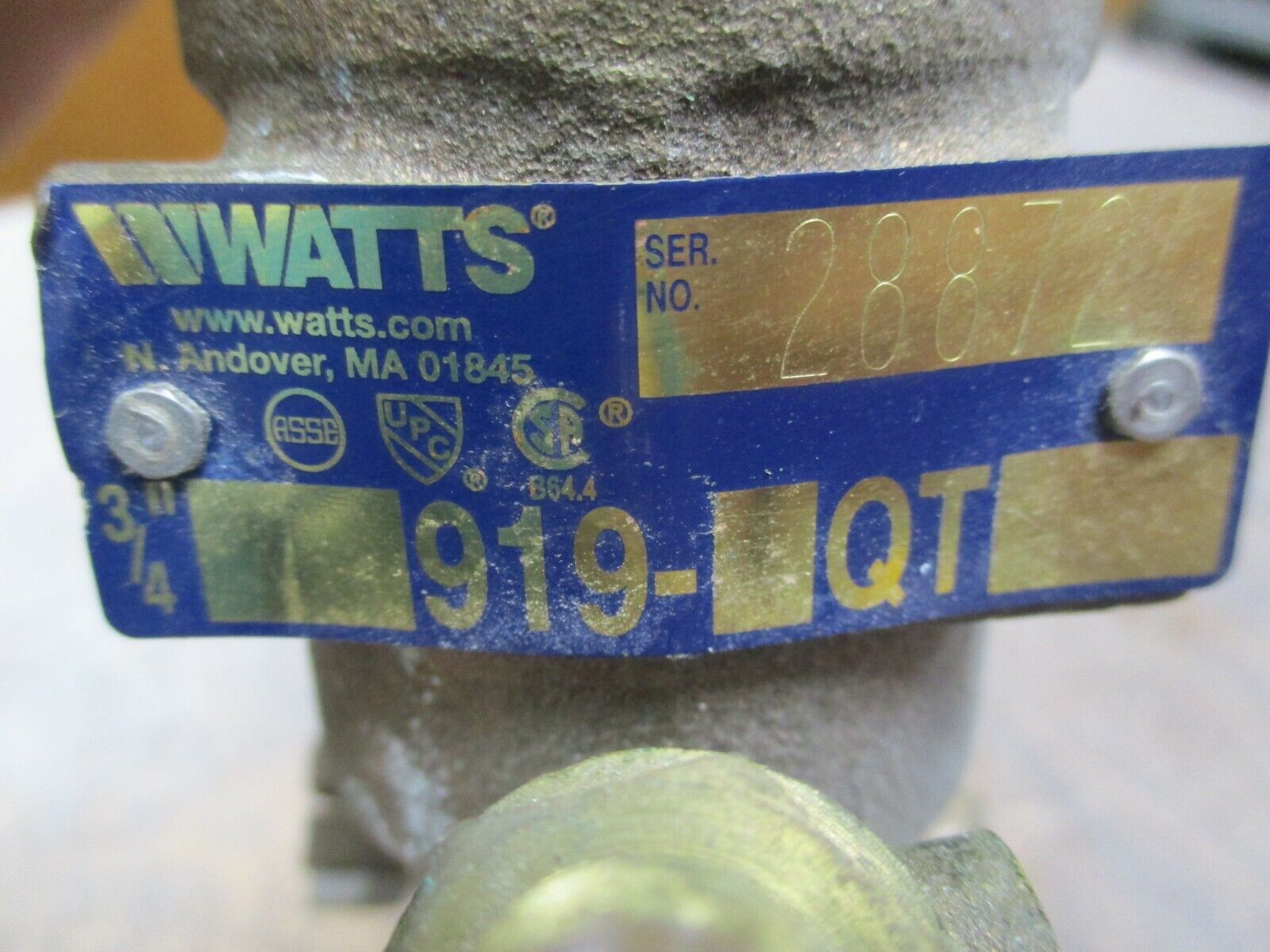 Watts Valve Assembly 919-QT 3/4" Used