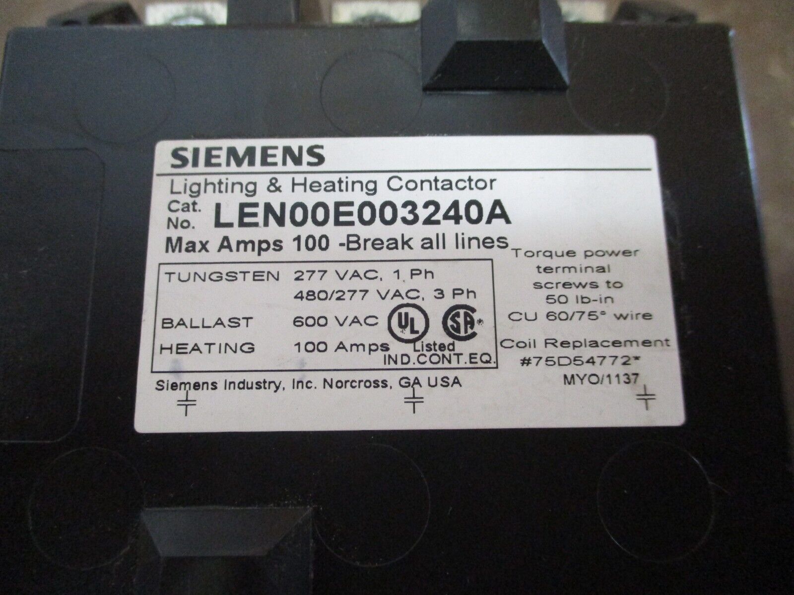 Siemens Lighting & Heating Contactor LEN00E003240A 100A 208/240V Coil Used