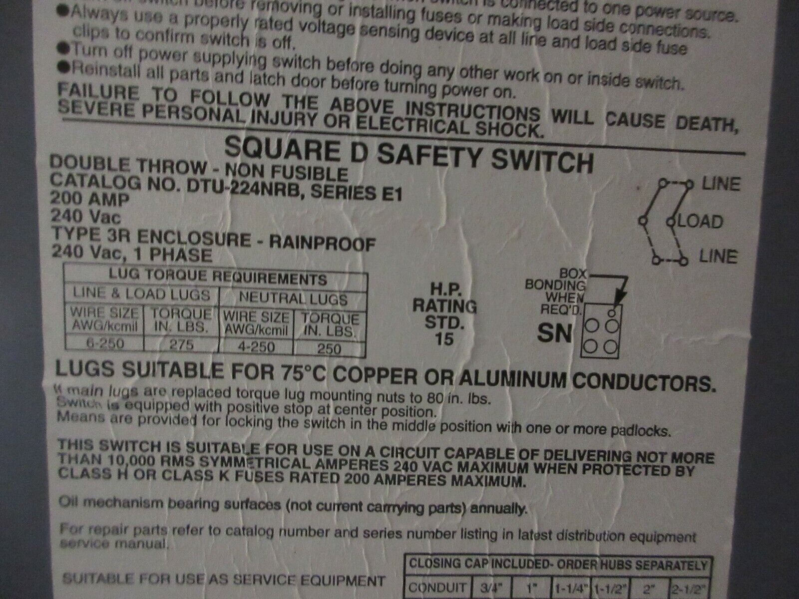 Square D 3R Non-Fusible Safety Switch/Disconnect DTU-224-NRB Ser. E1 200A Used