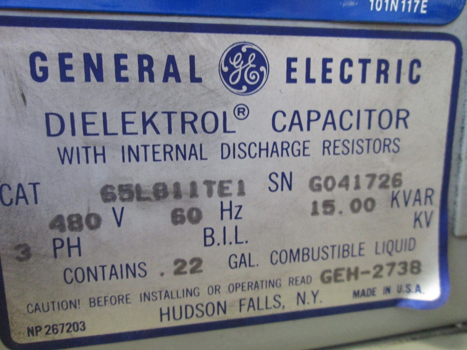 GE Dielektrol Capacitor 65L811TE1 15 KVAR 480V 60Hz 3Ph Used