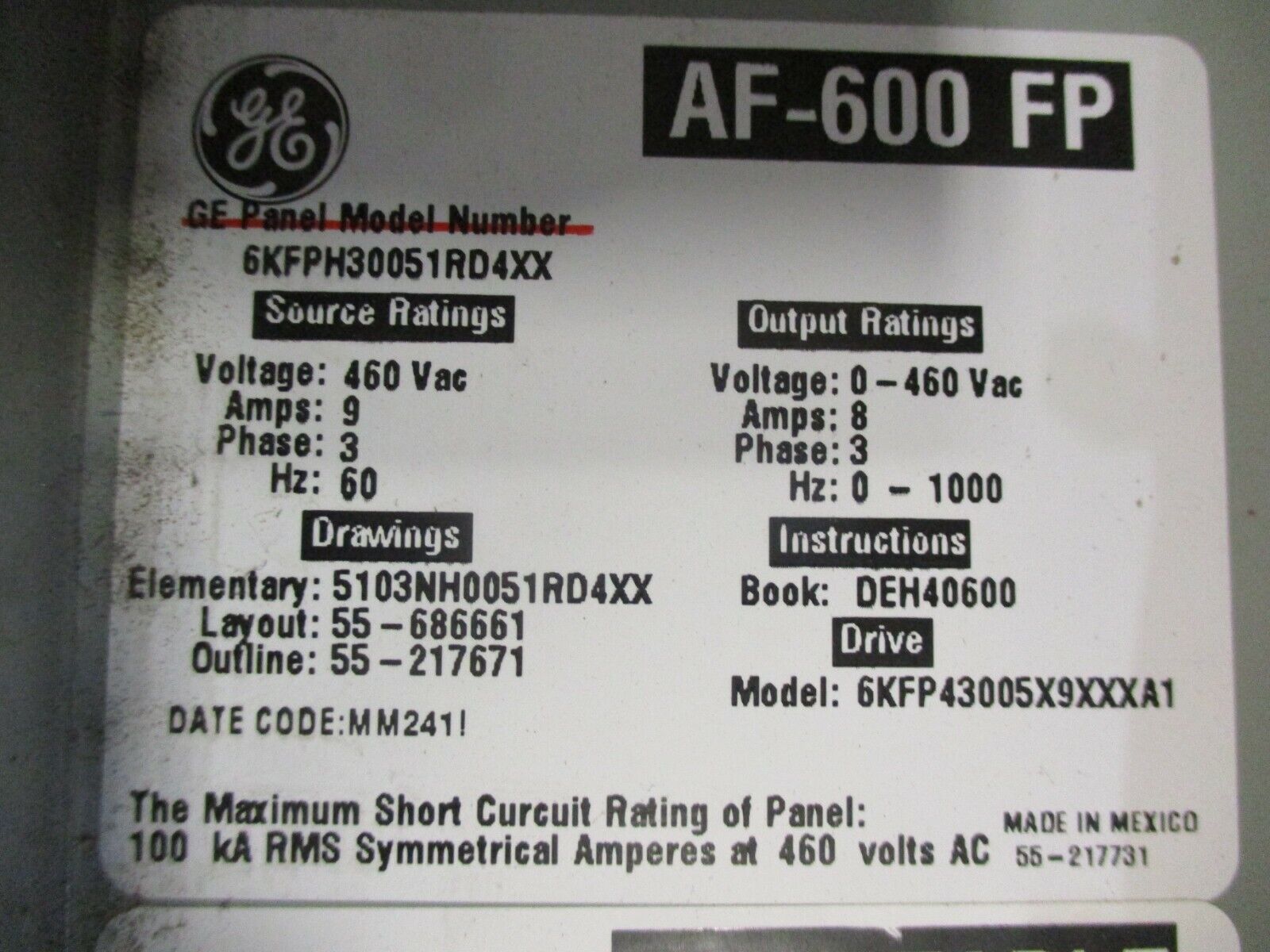 GE AF-600 FP AC Drive w/ Bypass 6KFPH30051RD4XX 5HP 3Ph 460V Used