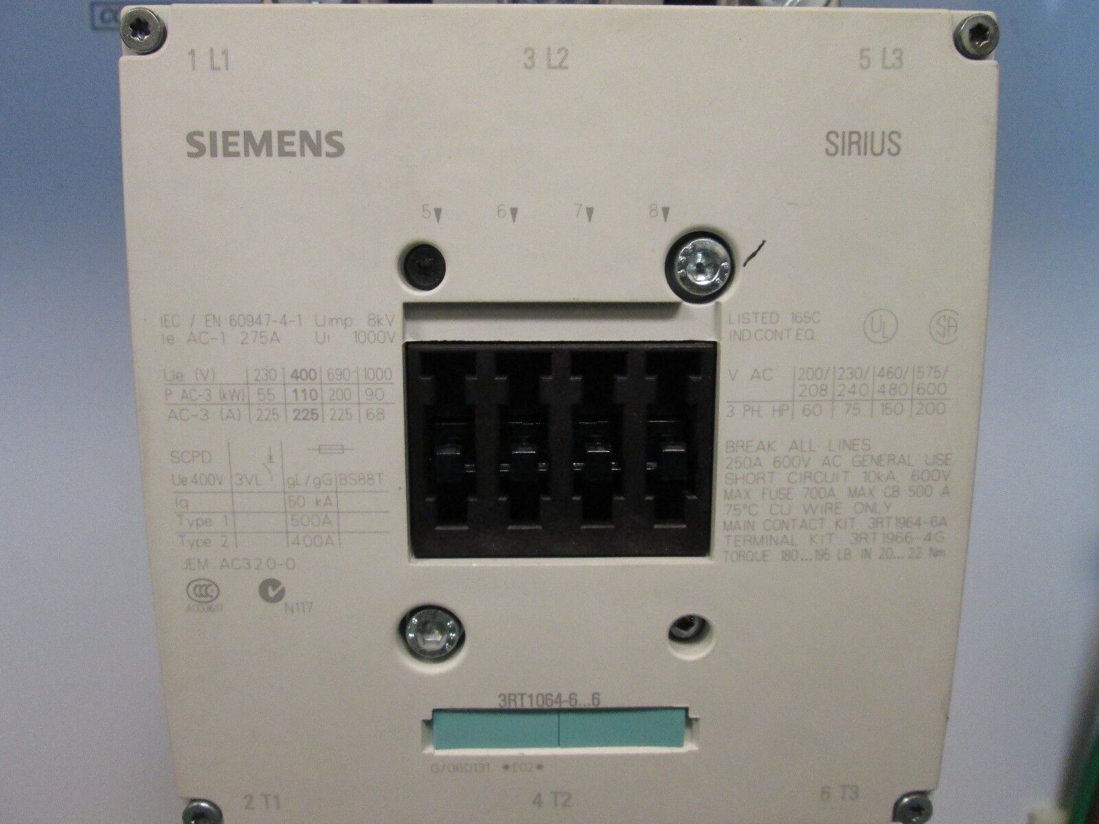 Siemens Sirius Contactor 3RT1064-6...6 110-127V 50-60Hz / DC nema 1 Enclosure