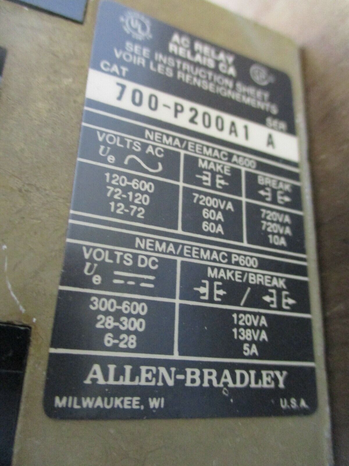 Allen-Bradley Relay 700-N200A1 Ser. A 115-120V Coil *Lot of 3* Used