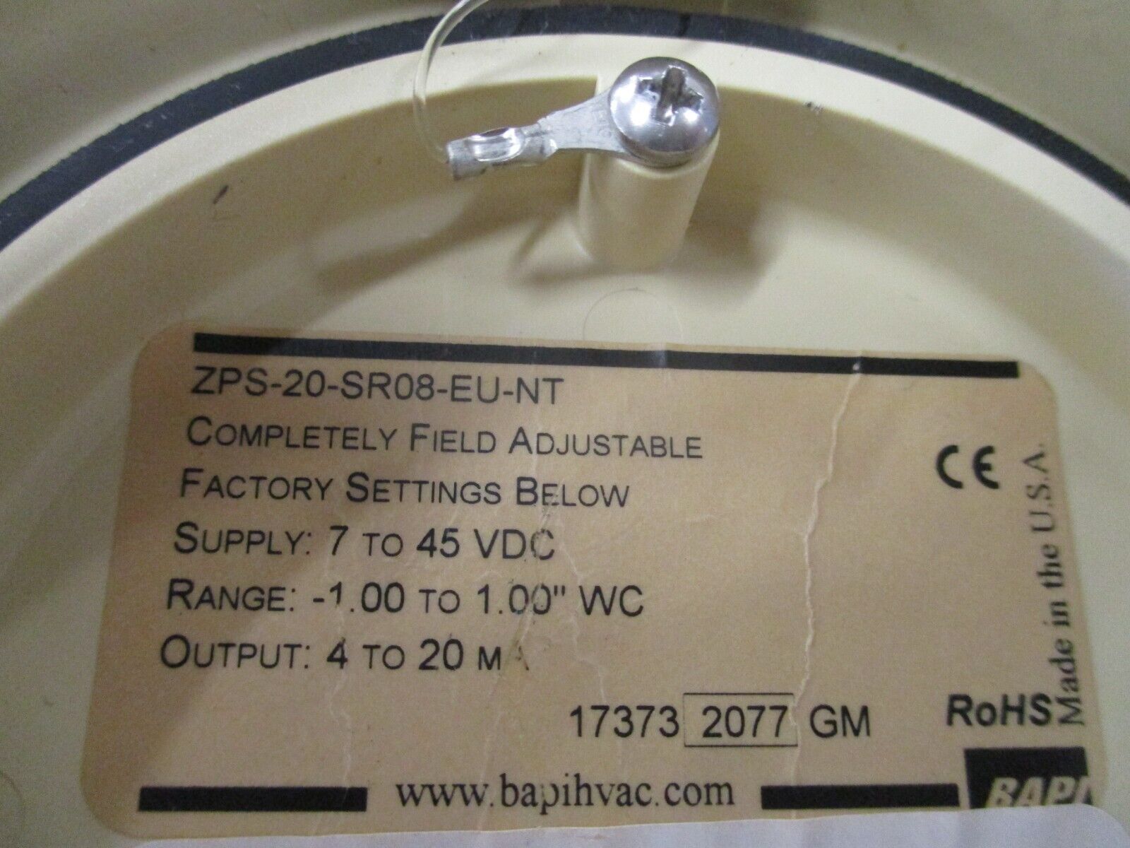 BAPI Pressure Transmitter ZPS-20-SR08-EU-NT Supply: 7-45VDC Used