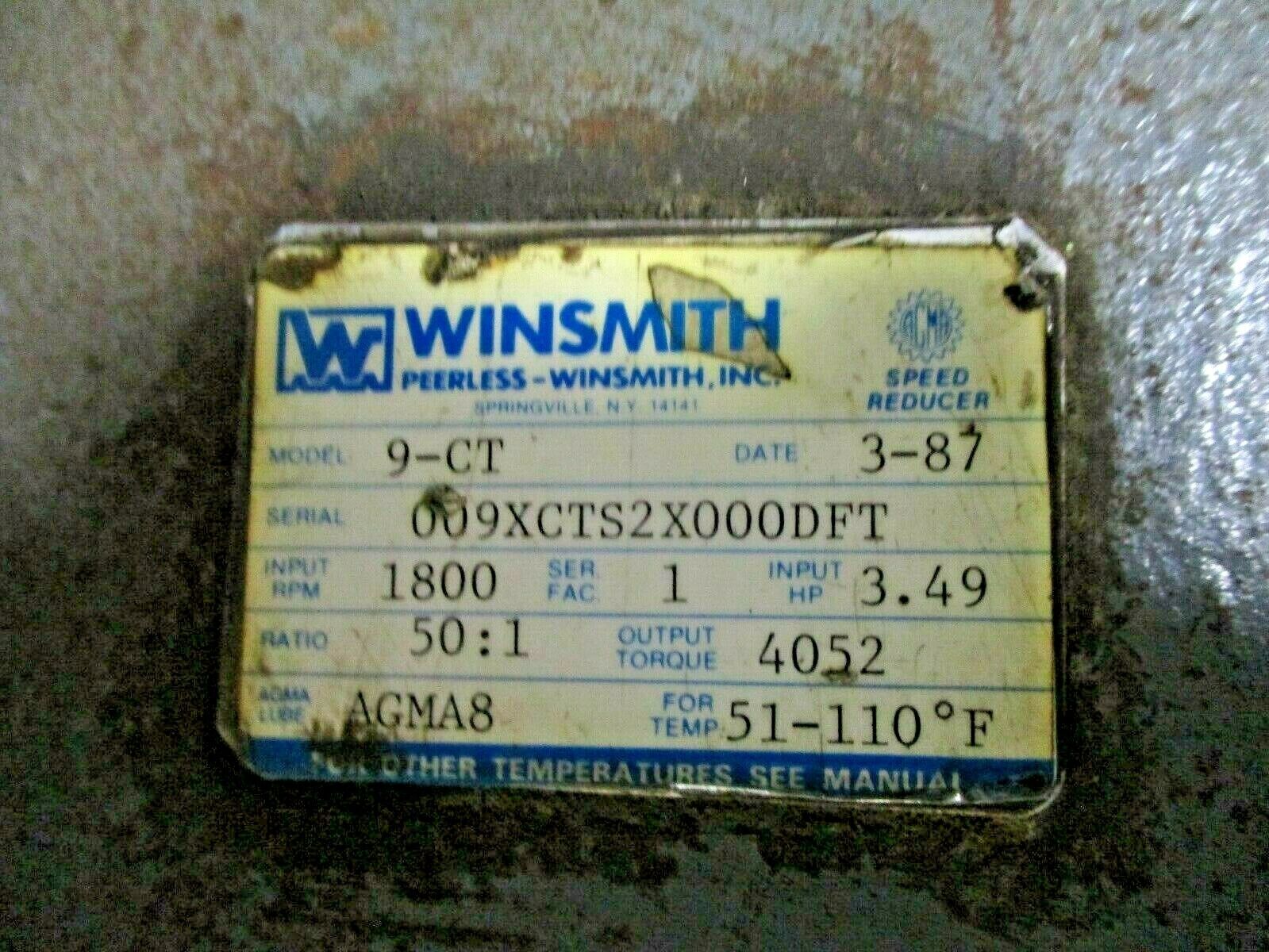 Winsmith Speed Reducer 9-CT Ratio 50:1 1800RPM In Used