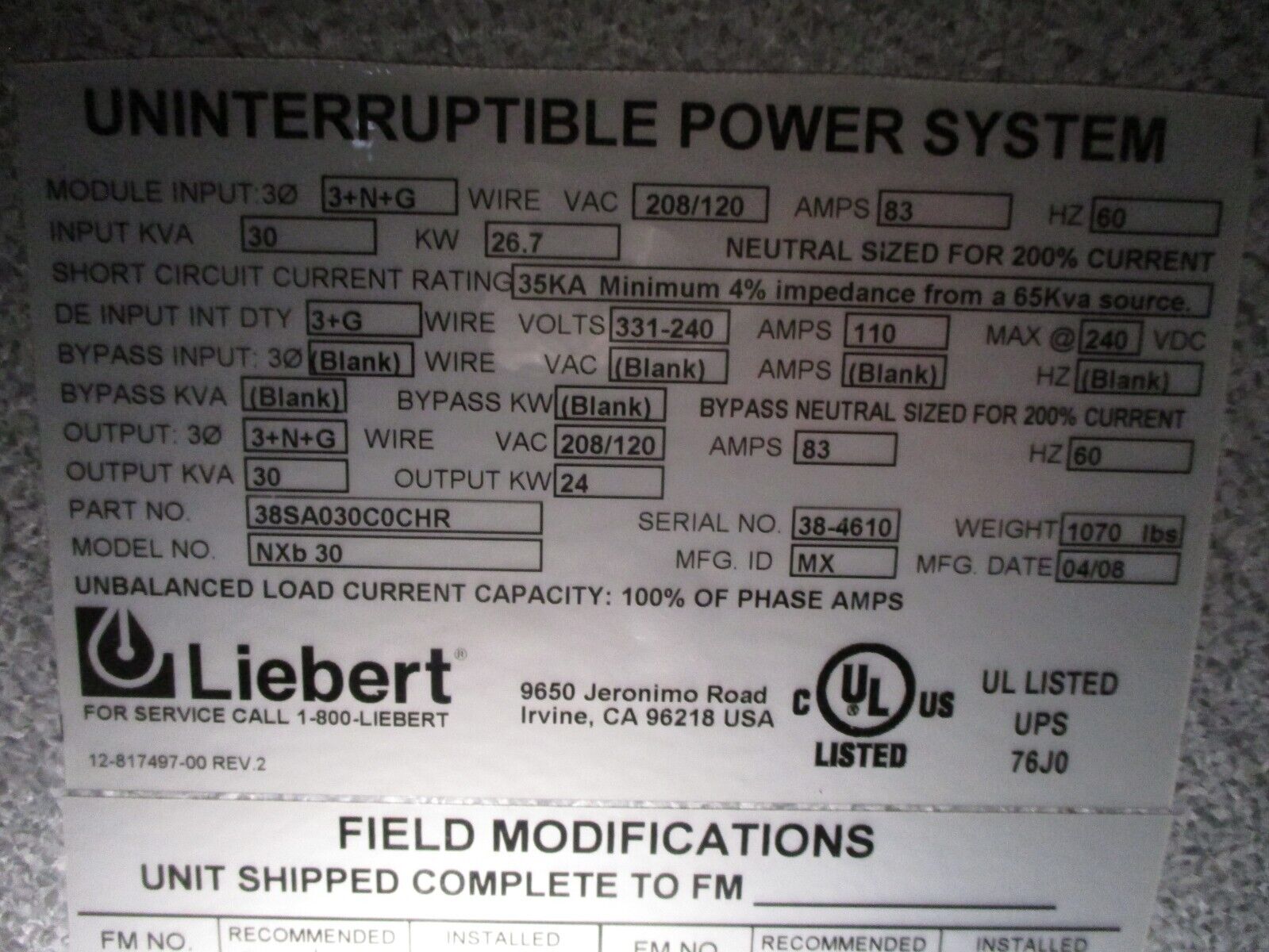 Emerson Liebert NXB 30 UPS 38SA030C0CHR 30KVA 24kW *Bent Key* Used