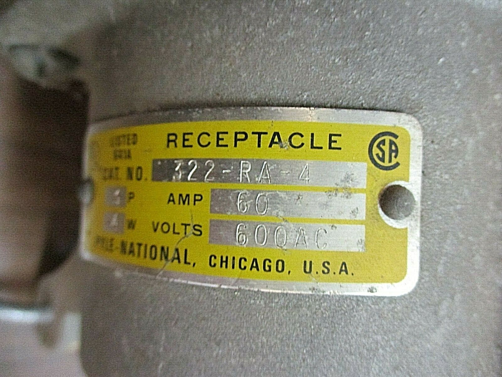 Pyle National Receptacle w/Base 322-RA-4 60A 600V 3P 4W *No Cover* Used