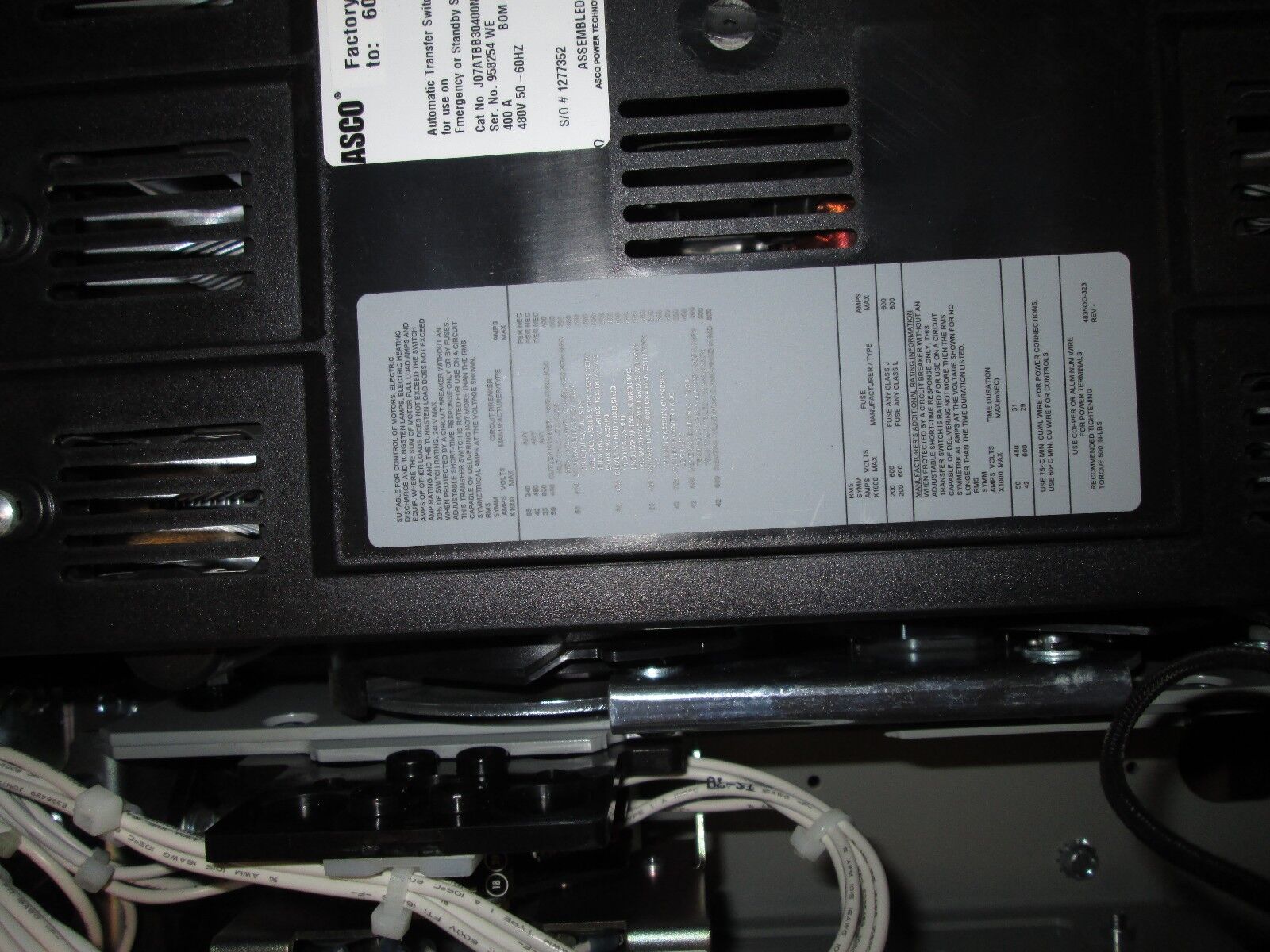 ASCO Automatic Transfer Switch, J07ATBB30400N50C, 400A 480V 4W, 700 Series, NEW