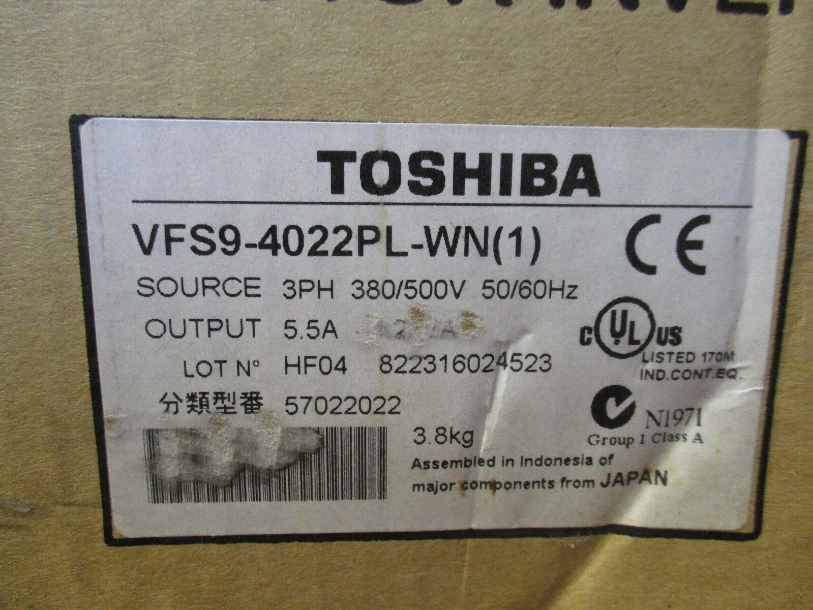 Toshiba VF Series AC Drive VFS9-4022PL-WN9(1) 3Hp New Surplus