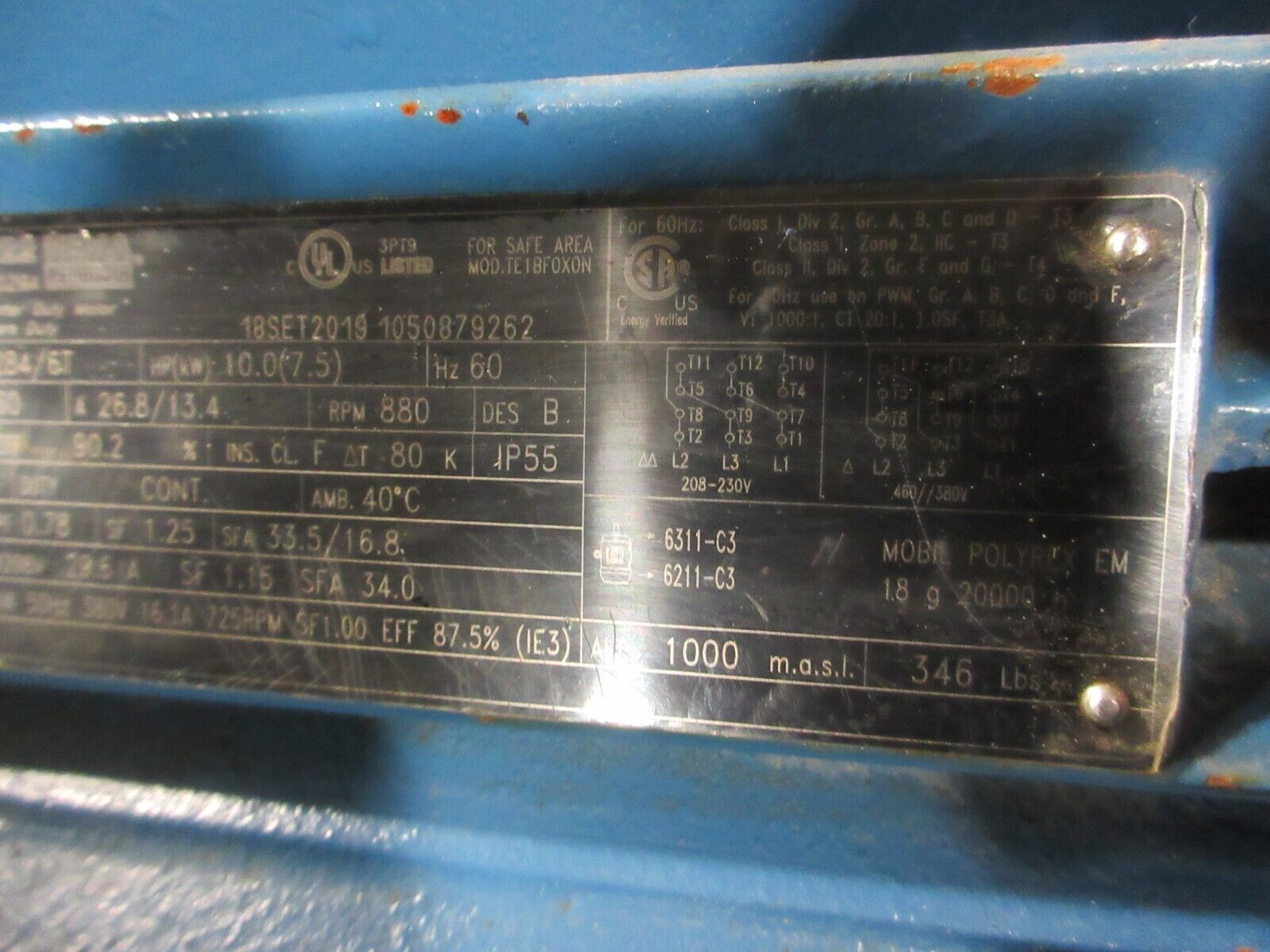 WEG AC Motor 01009ET3E284T-W22 10HP 880RPM 230/460V 3Ph 60Hz 284/6T Frame Used