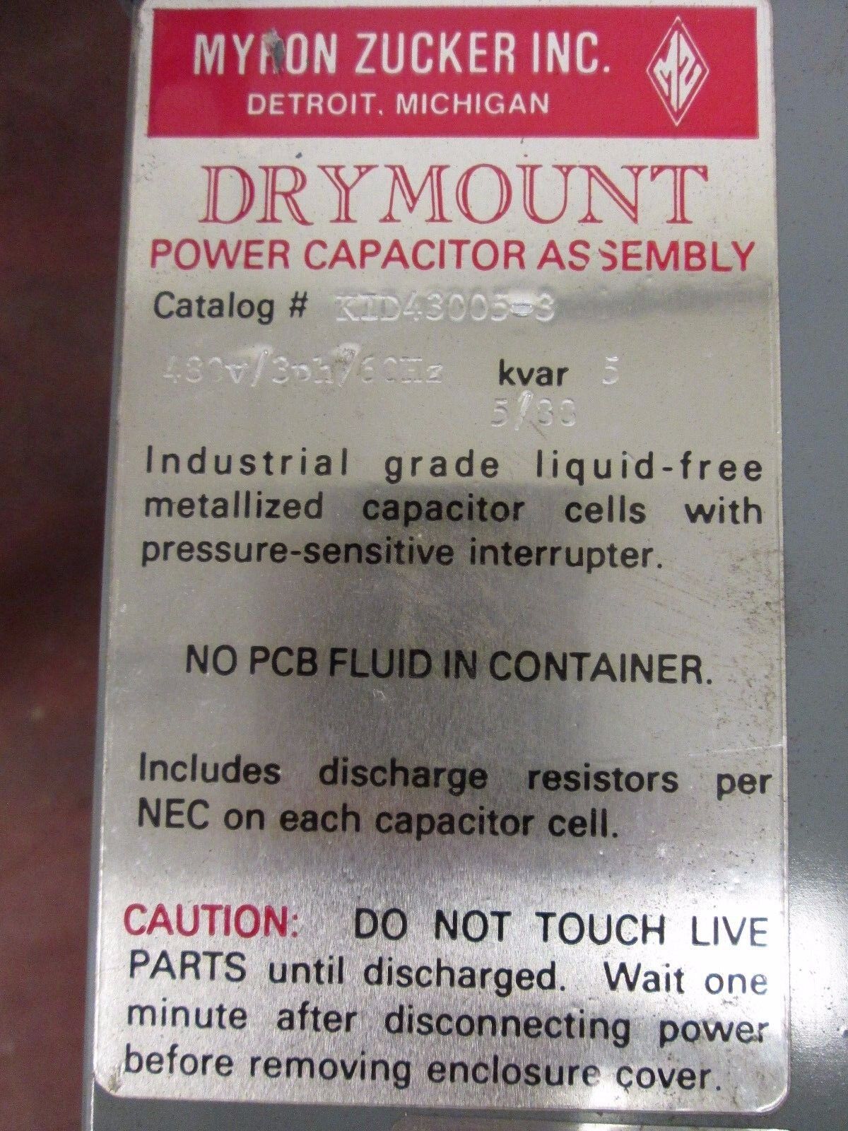 Calmount Drymount Power Capacitor KID43005-3 5 KVAR 480V 60Hz 3Ph Used