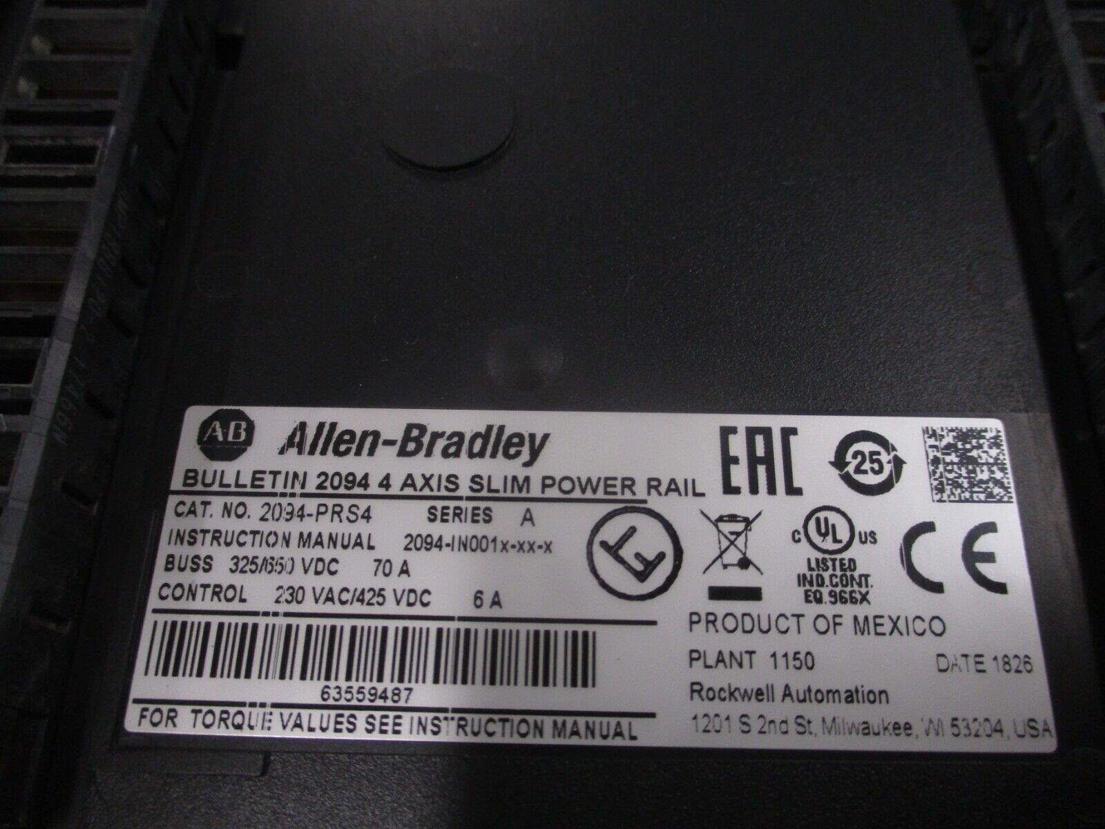 Allen-Bradley Axis Slim Power Rail 2094-PRS4 Ser. A Buss: 325/650 VDC 70A
