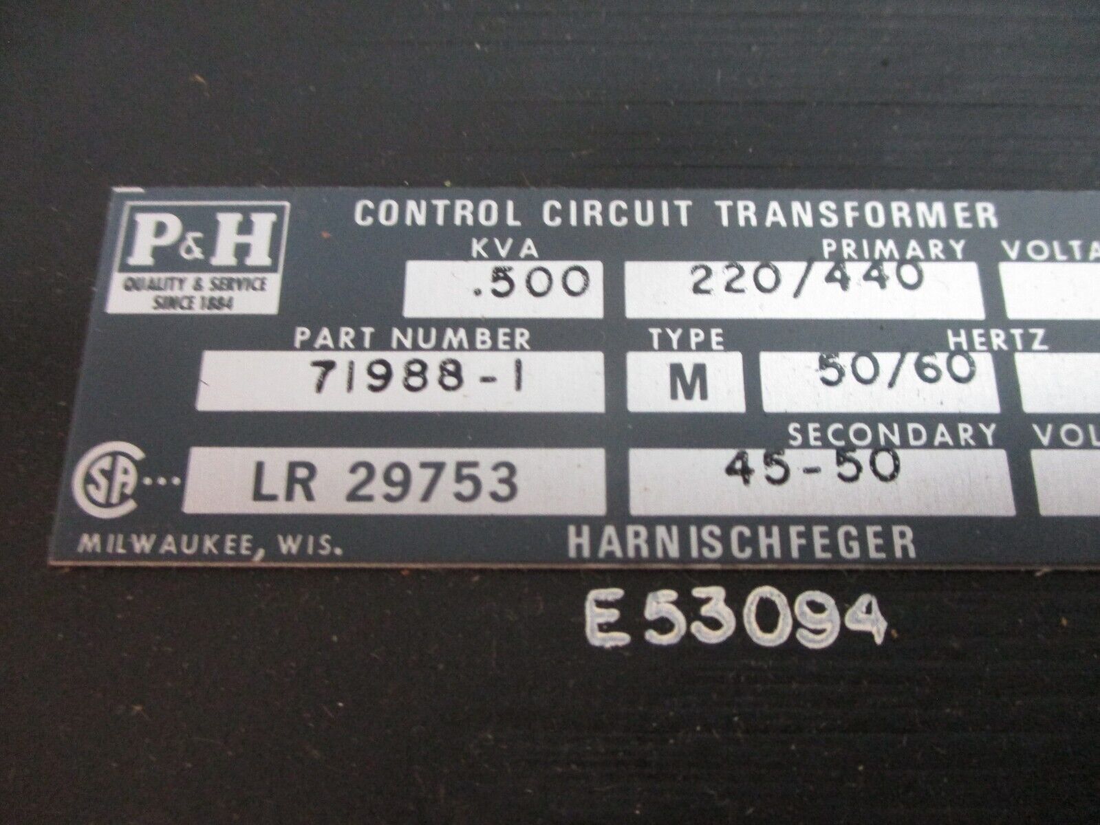 P&H Control Transformer 71988-1 0.500kVA Pri: 220/440V Sec: 45-50V 50/60Hz