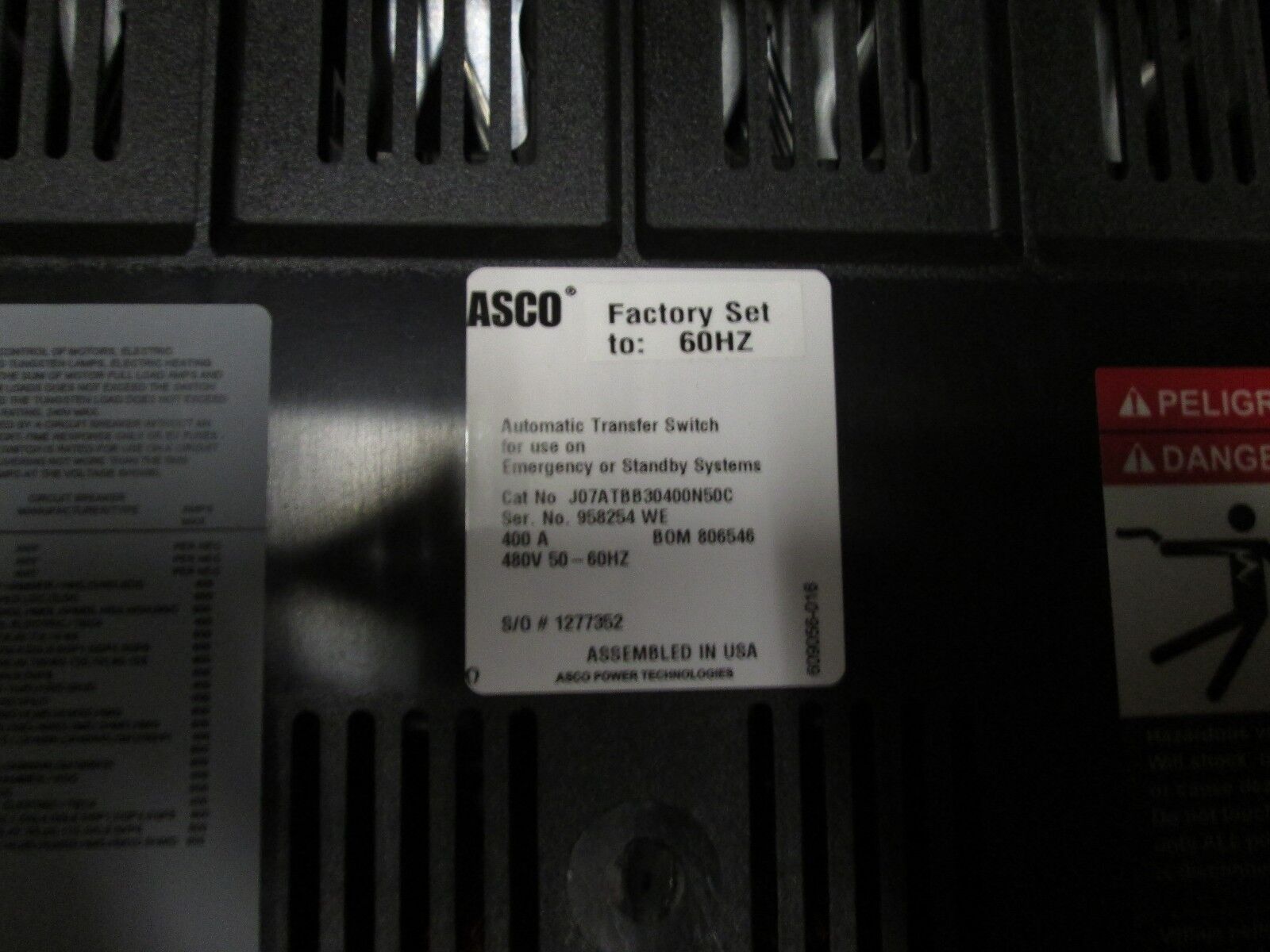 ASCO Automatic Transfer Switch, J07ATBB30400N50C, 400A 480V 4W, 700 Series, NEW