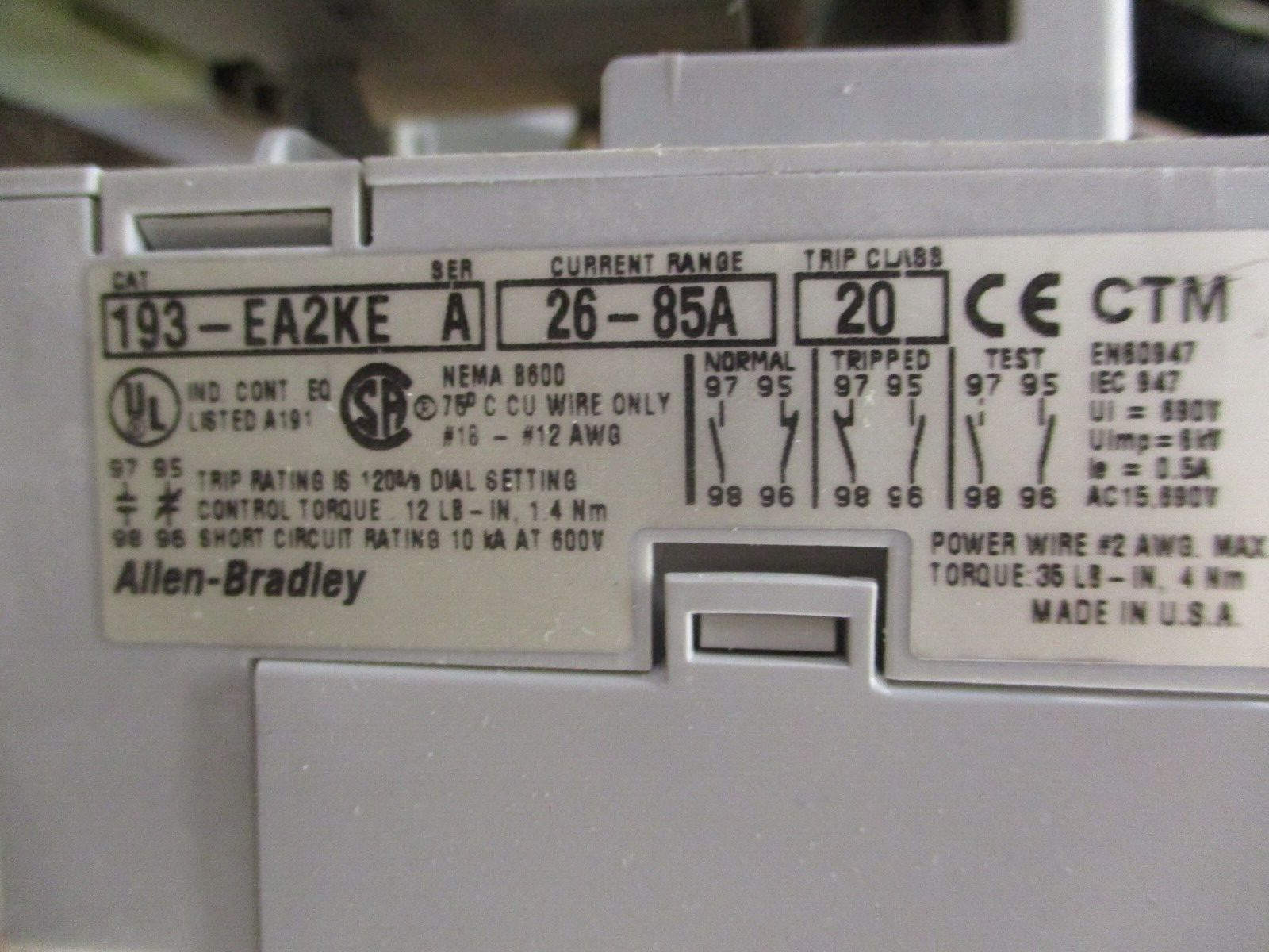 Allen-Bradley Reversing Starter 100-C72*00 / 193-EA2KE 120V Coil Trip: 26-85A