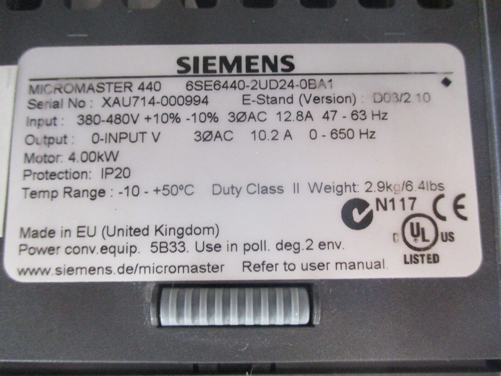 Siemens Micromaster 440 AC Drive 6SE6440-2UD24-0BA1 4kW 3Ph Input: Output: Used