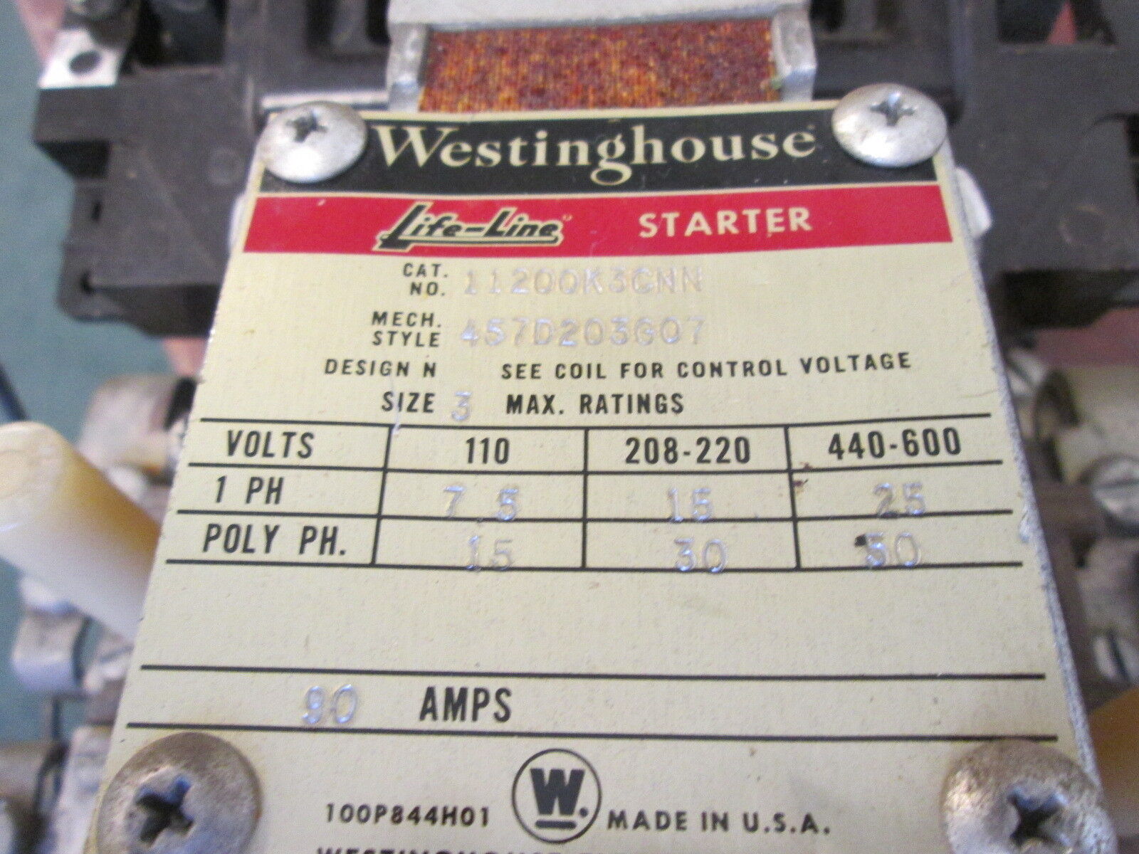 Westinghouse Life-line Size 3 Starter 11200K3CNN 90A Used