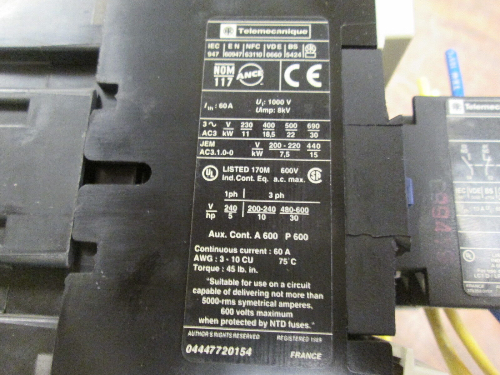 Telemecanique Reversing Contactor LC1 D4011 120V Coil 60A 600V Used