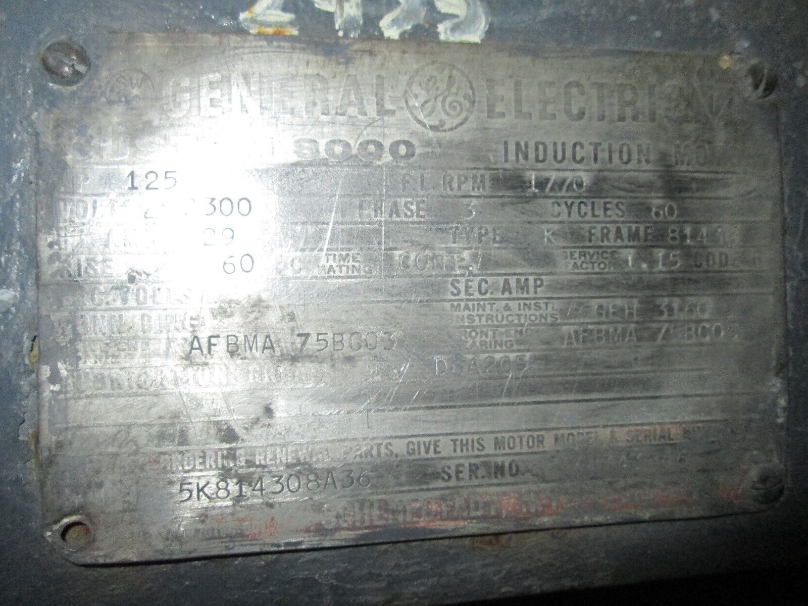 GE Motor 5K814308A36 125HP 1770 RPM's 8143S Frame 2300V 29A
