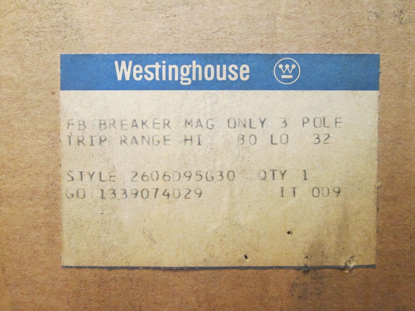 Westinghouse FB Mag Only 2606D95G30 25A 600V Trip Range: 32-80 3P New Surplus