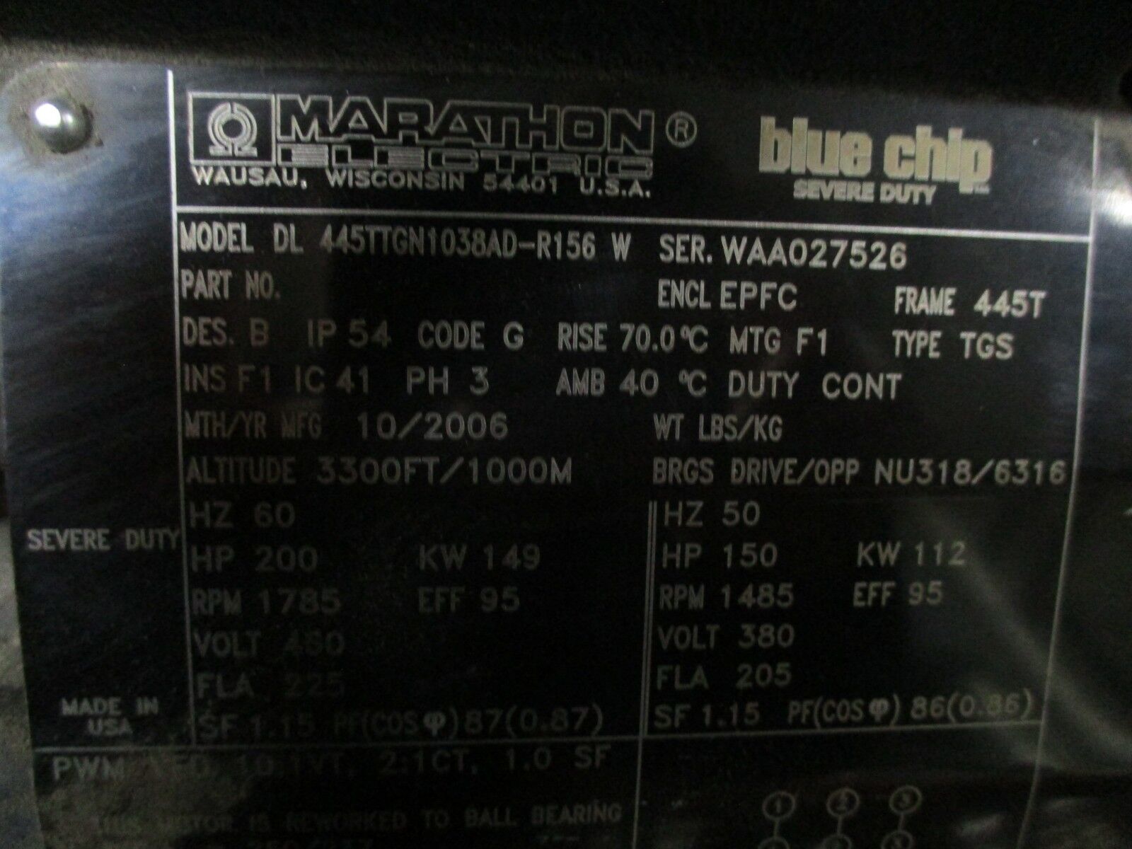 Marathon Type TGS AC Motor DL 445TTGN1038AD-R156 W 200HP 1800RPM Used