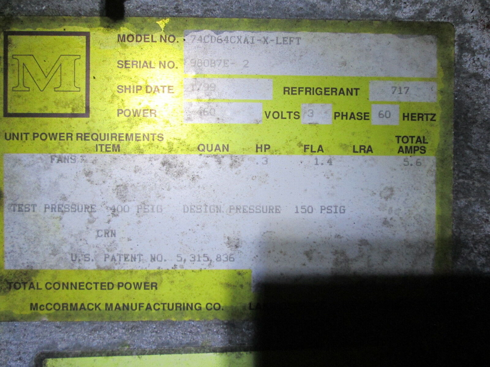 McCormack Ammonia Evaporator 74CD64CXAI-X-LEFT 4-Fan .3HP MFD: 1999 Used