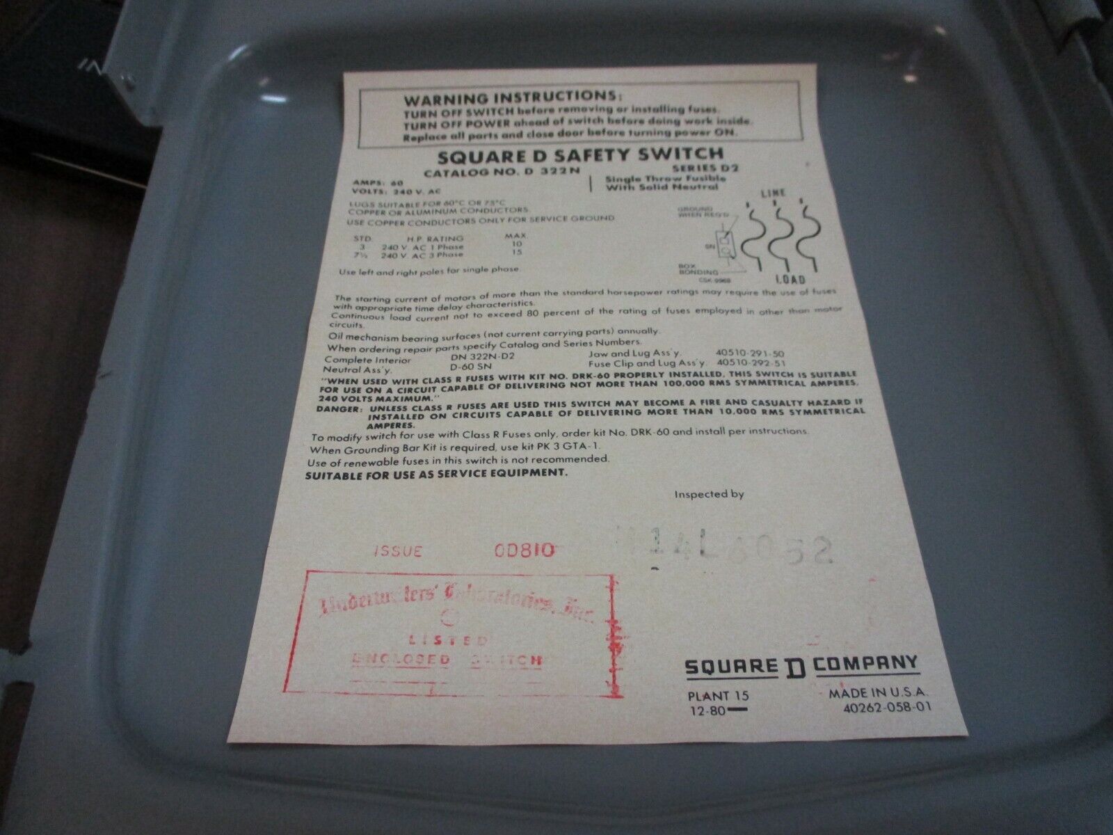 Square D Fusible Safety Switch/Disconnect D-322N 60A 240V Used