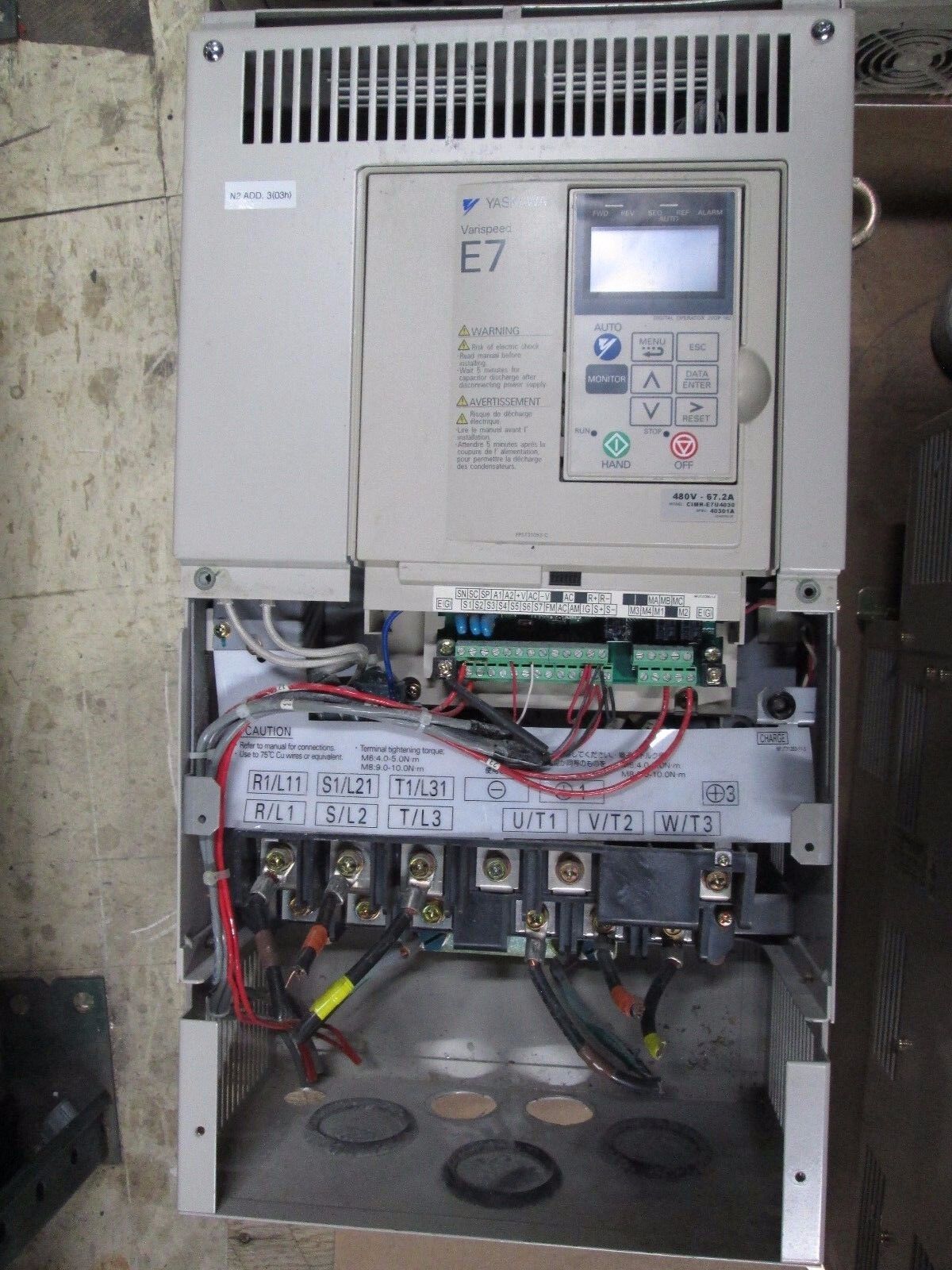 Yaskawa E7 AC Drive CIMR-E7U4030 50HP 3Ph In: 380-480V Out: 0-480V 67.2A Used