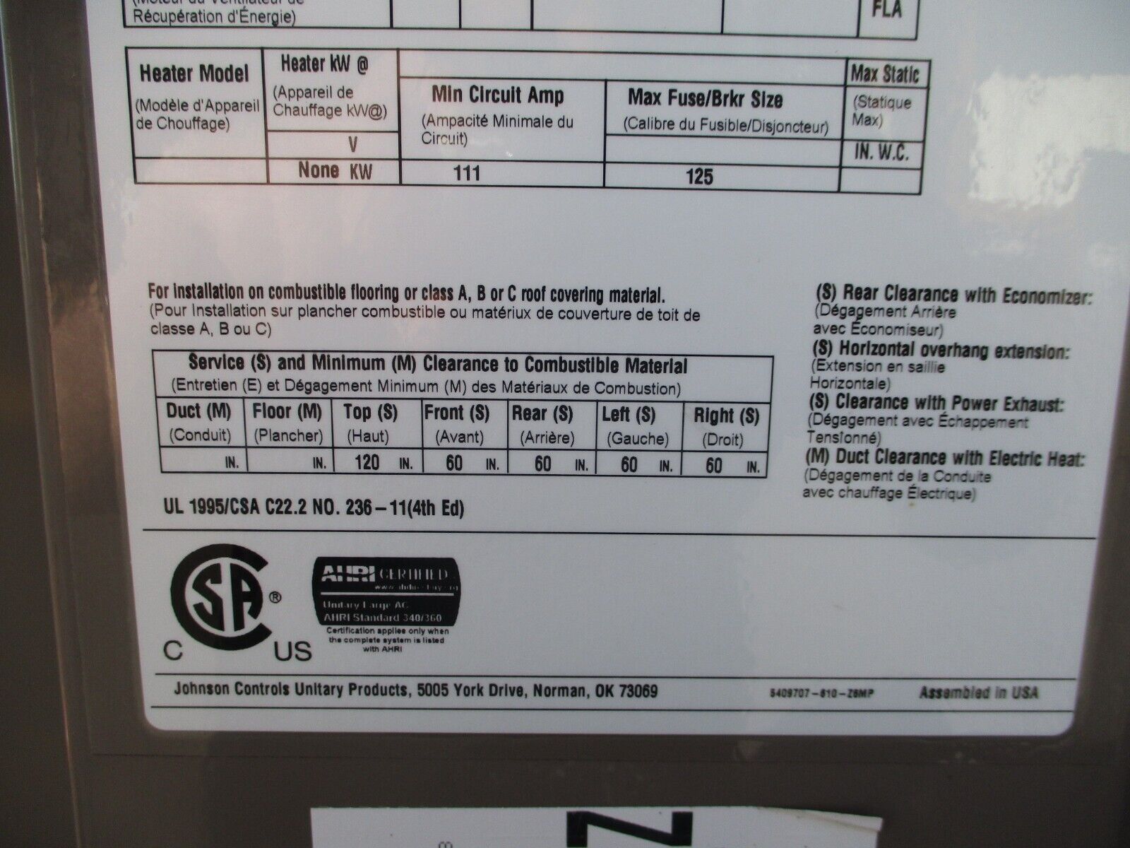 York Millennium Rooftop Unit Z4C024AAD3A3ABEDC1 40 Tons No Heat 460V 3Ph Used