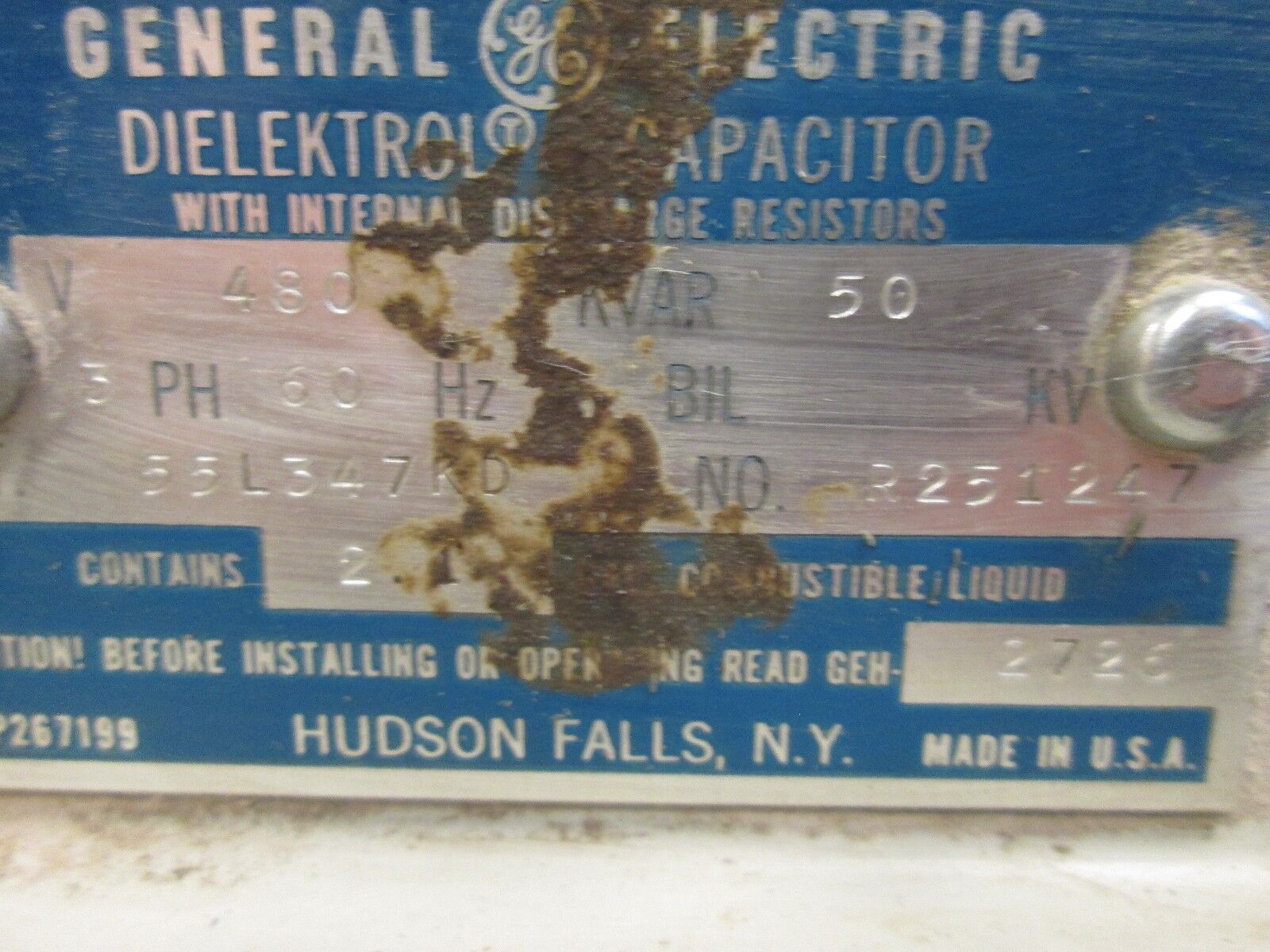 GE Dielektrol Capacitor 55L347KD 50 KVAR 480V 60Hz 3Ph Used