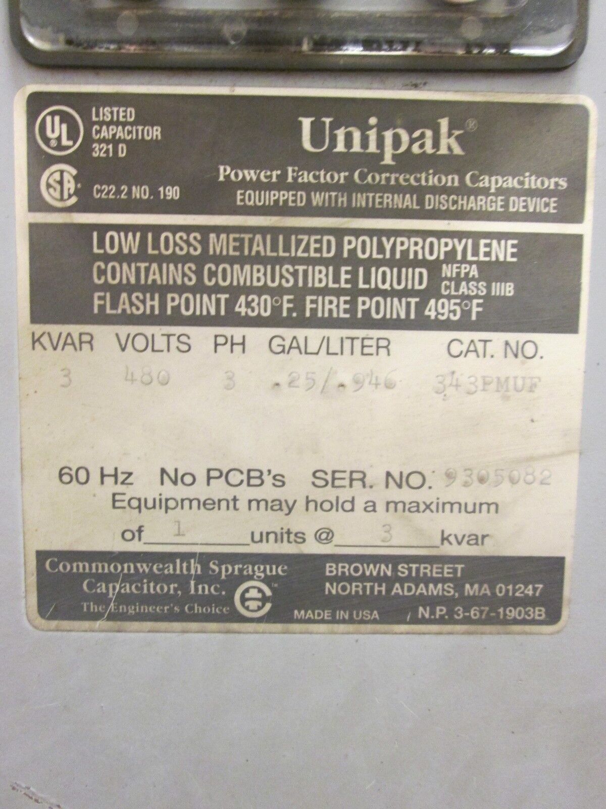 Unipak Power Factor Correction Capacitor 343PMUF 3kvar 480V 3Ph 60Hz Used