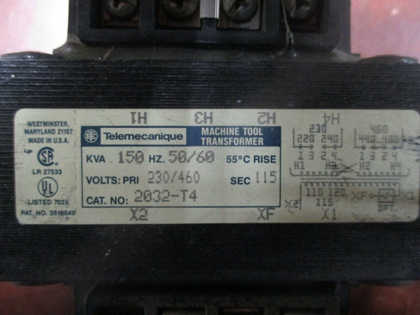 Telemecanique Transformer 2032-T4 0.150KVA Pri: 230/460V Sec: 115V 50/60Hz Used