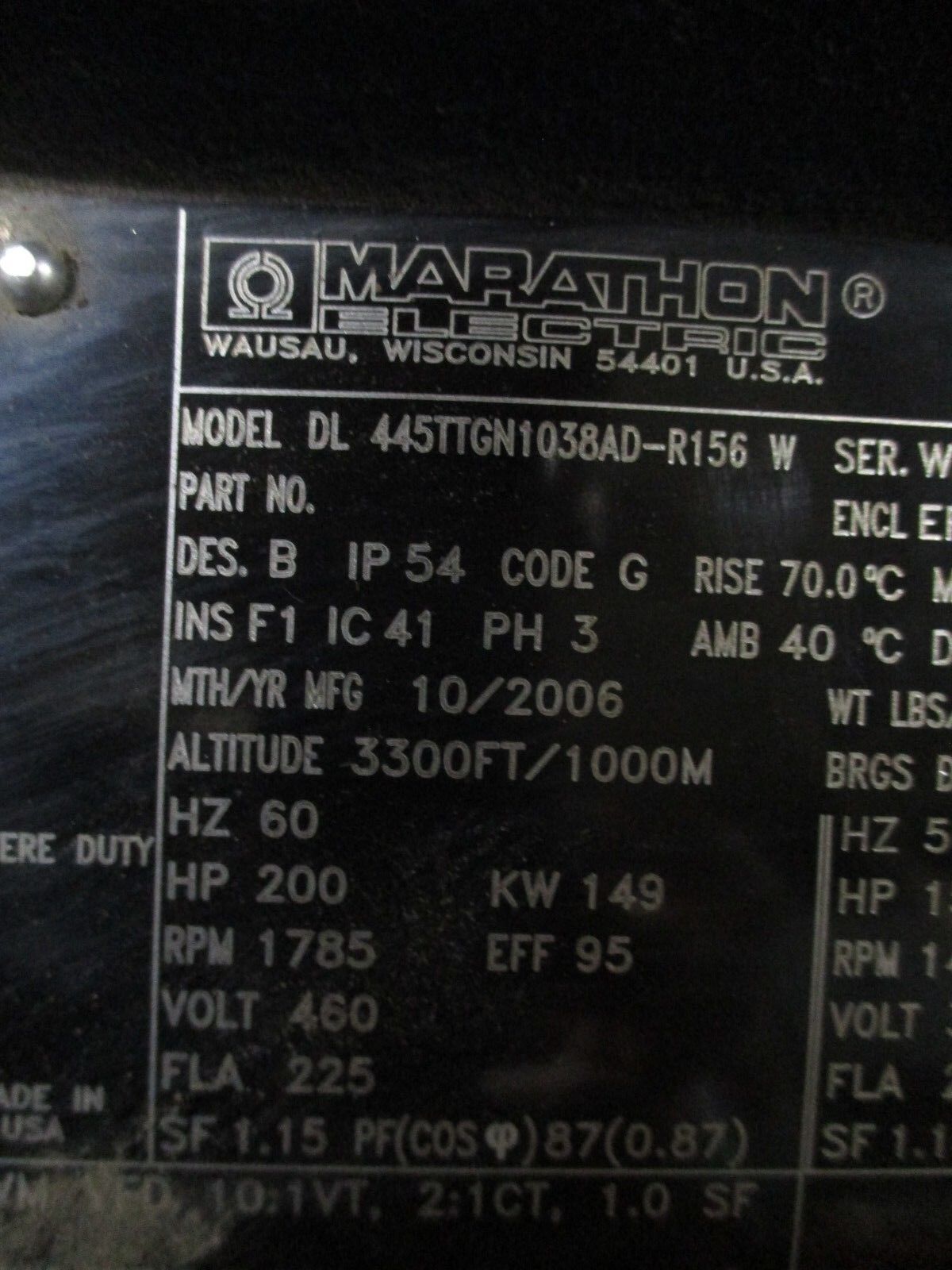 Marathon Type TGS AC Motor DL 445TTGN1038AD-R156 W 200HP 1800RPM Used