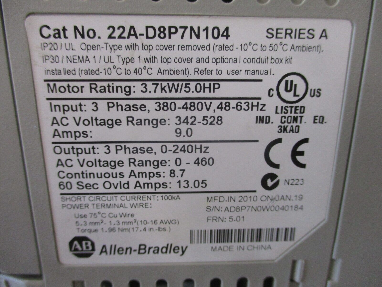 Allen-Bradley PowerFlex 4 AC Drive 22A-D8P7N104 5HP 3Ph
