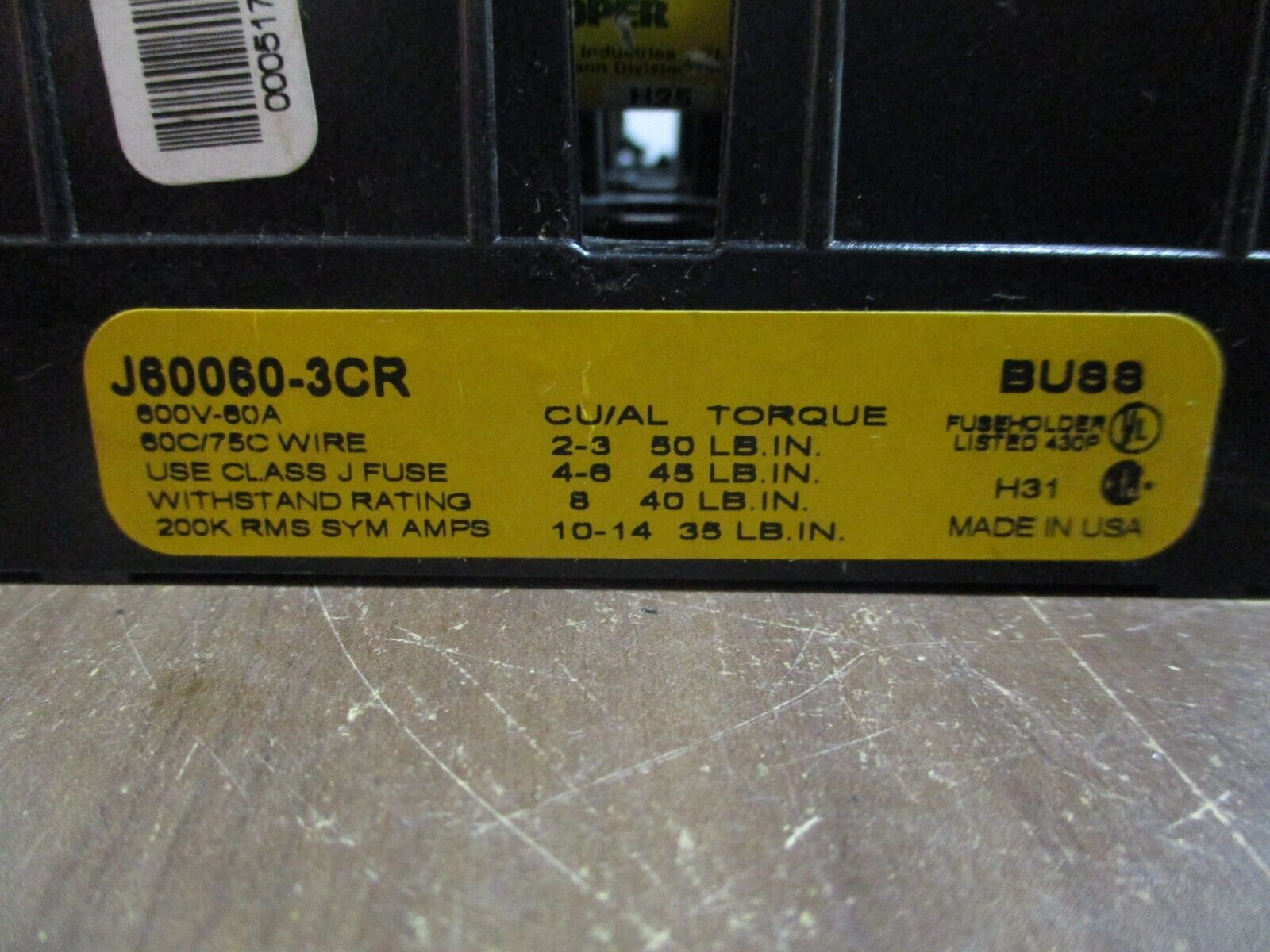 Buss Fuseholder J60060-3CR 60A 600V 3P w/ (3) 60A Fuses Used