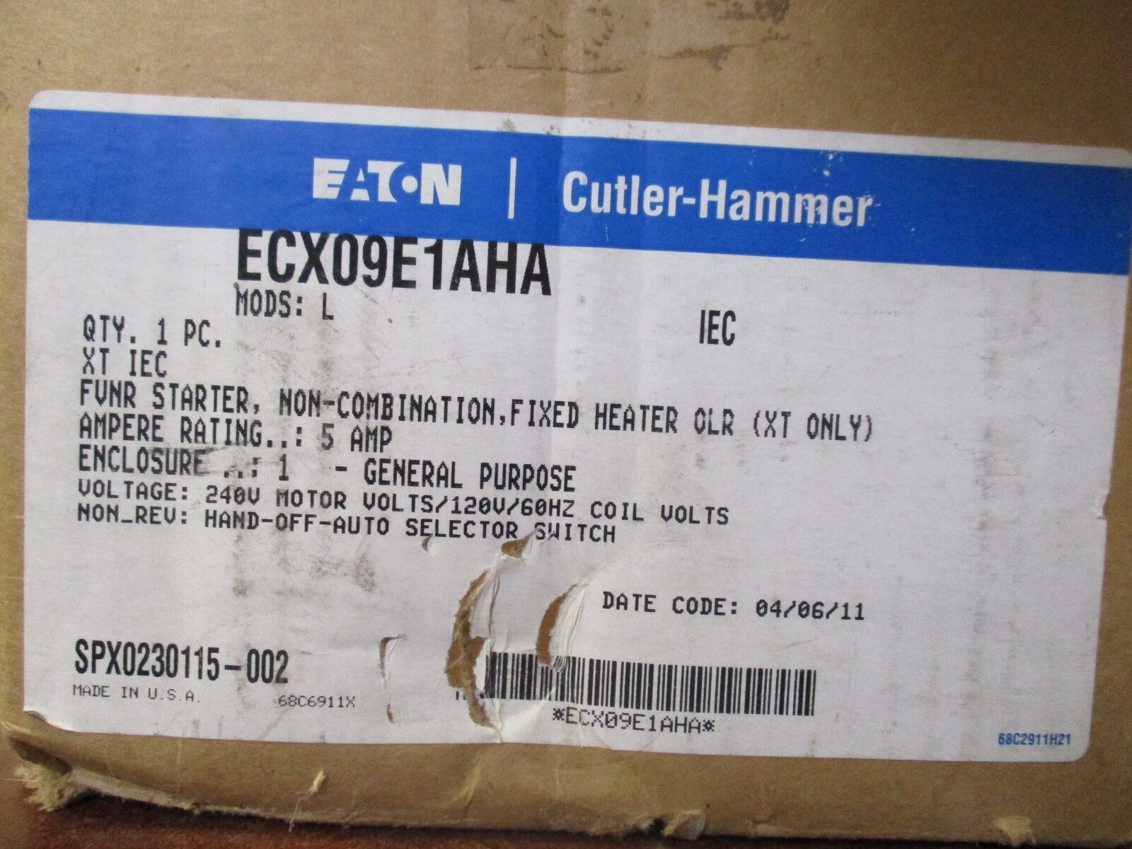 Cutler-Hammer Enclosed Starter ECX09E1AHA 5A 120V Coil Type 1 Enclosure New