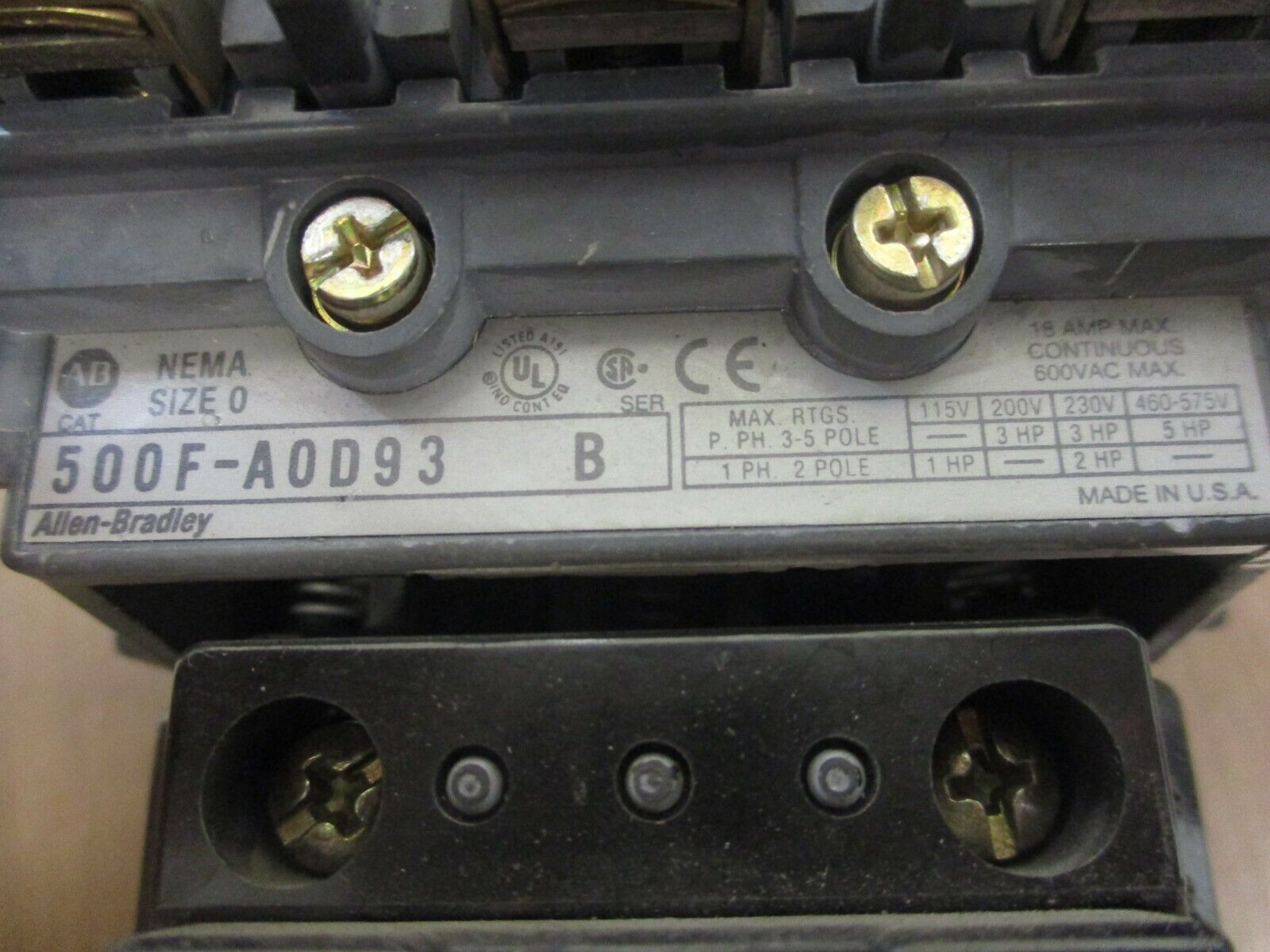 Allen-Bradley Size 0 Contactor 500F-AOD93 Ser. B 115-120V Coil 18A 600V Used