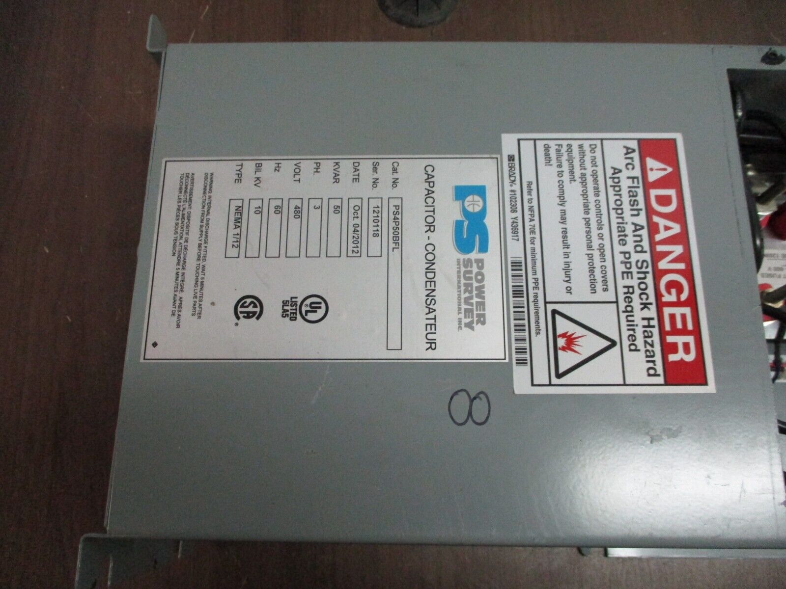 PS Capacitor PS4P50BFL 50KVAR 3Ph 480V 60Hz *No Cover* Used