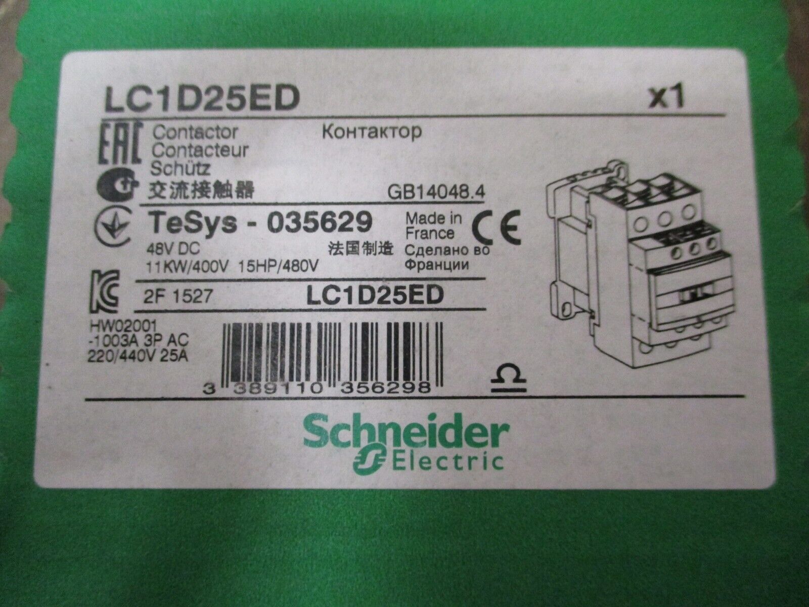 Schneider Electric Contactor LC1D25ED 48VDC Coil 25A New Surplus