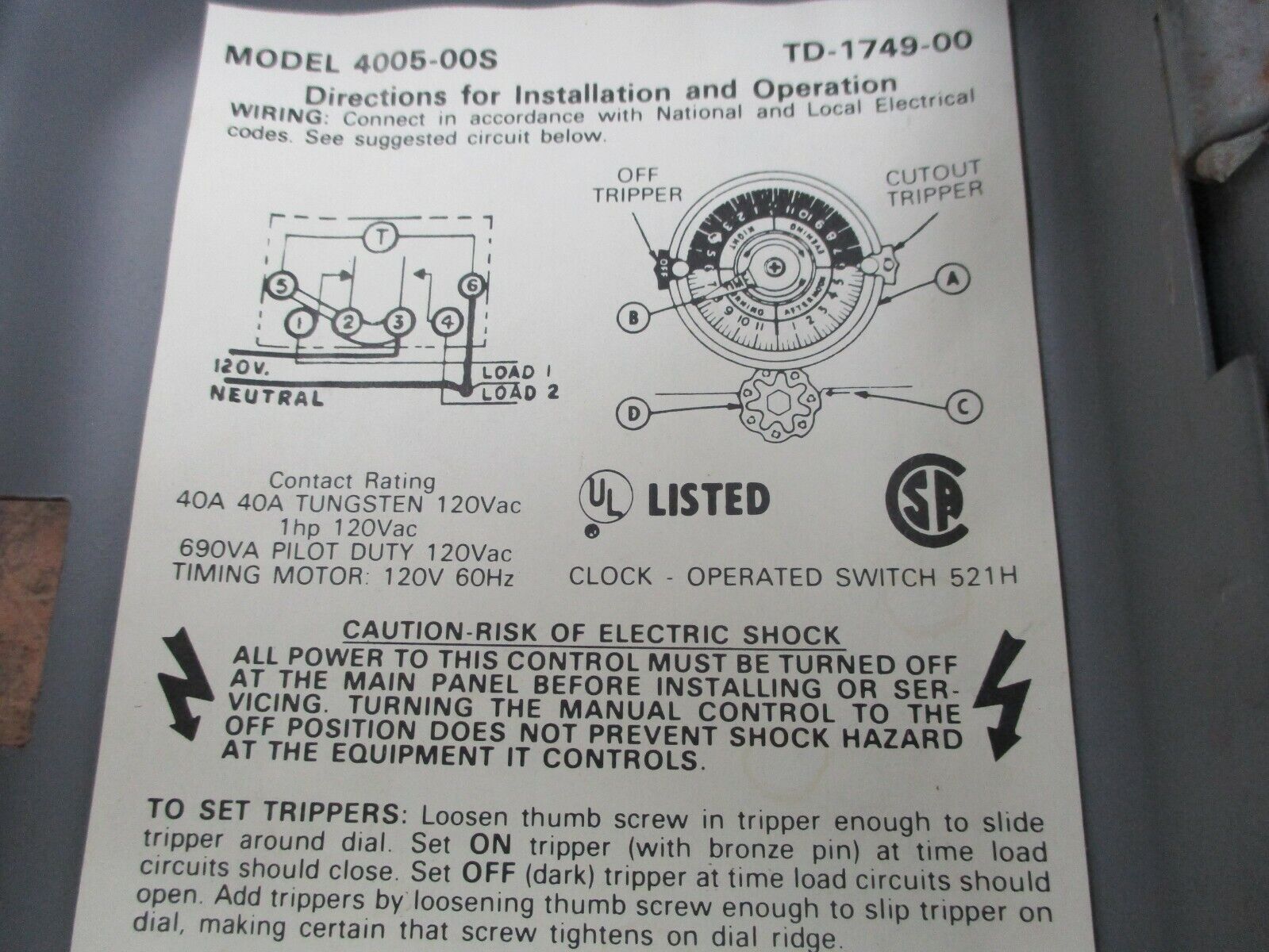 Paragon Model 4005-00S Timer TD-1749-00 120V 60Hz Used