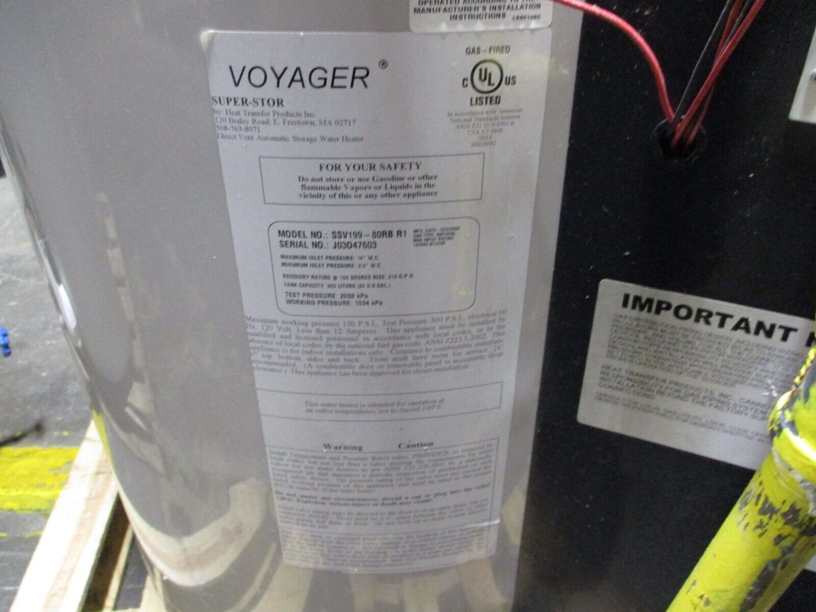 HTP Voyager Water Heater SSV199-80RB R1 80-Gallon 199,000 BTU MFD: 2008 Used